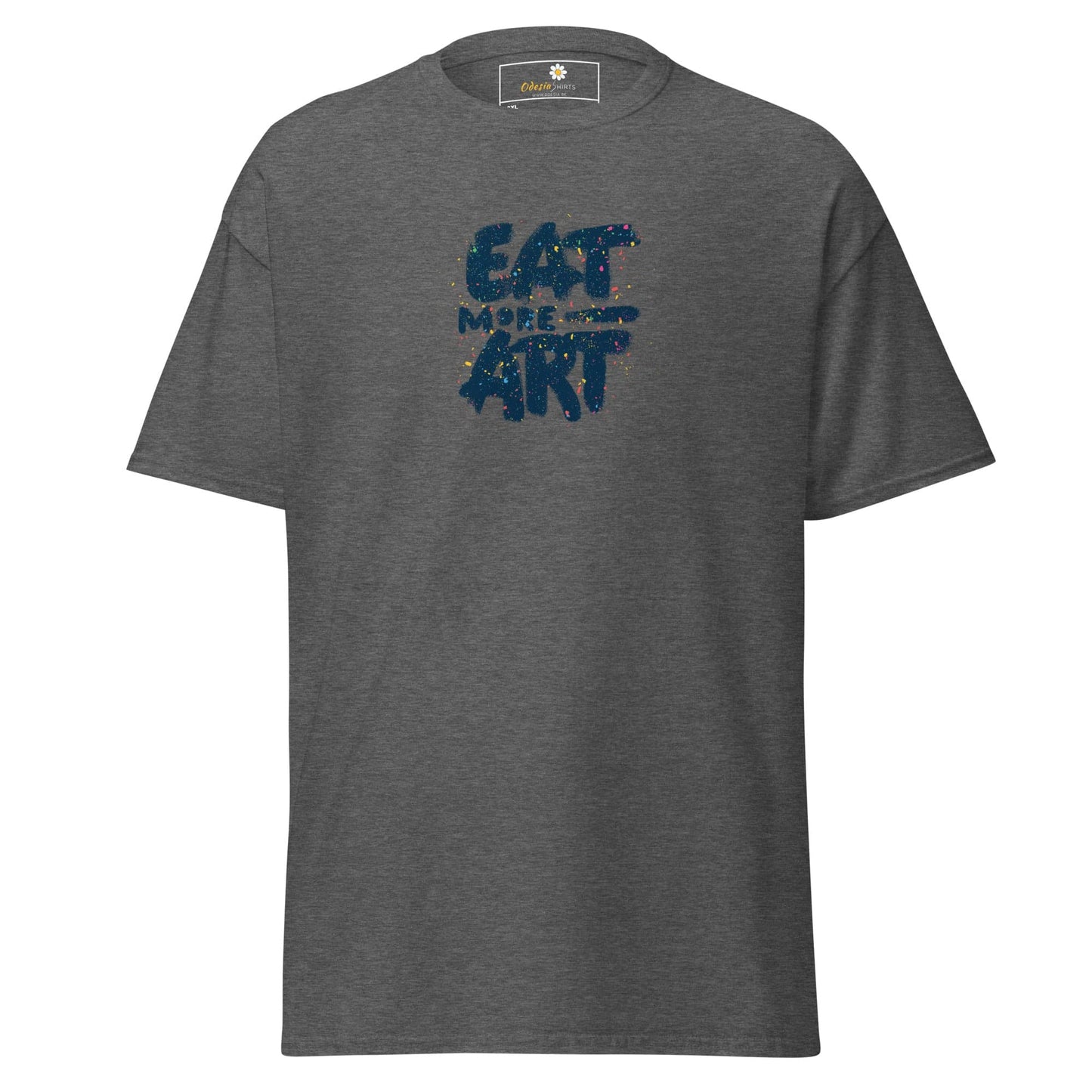 Gray T-shirt with Eat More Art text from T-SHIRT DESIGN TEE for Men and Women in large sizes