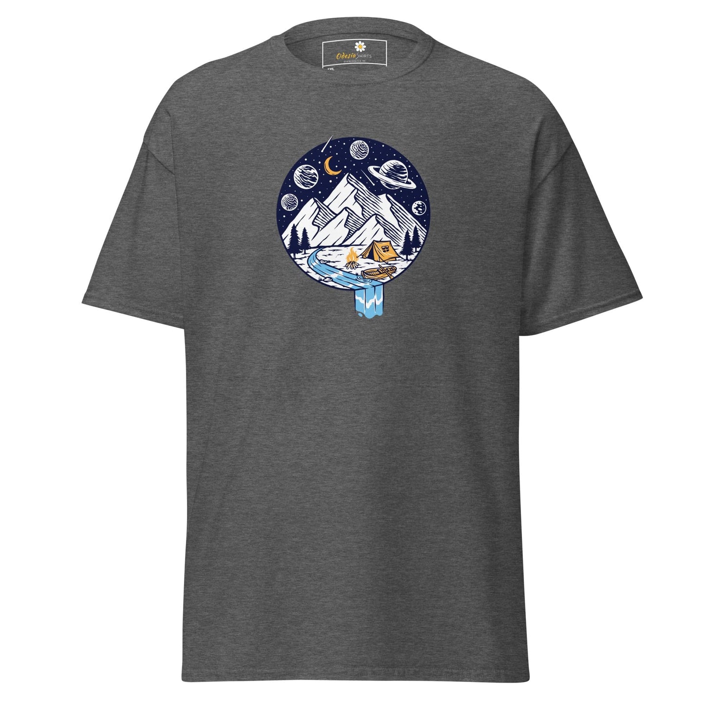 Gray t-shirt with mountain camping graphic.