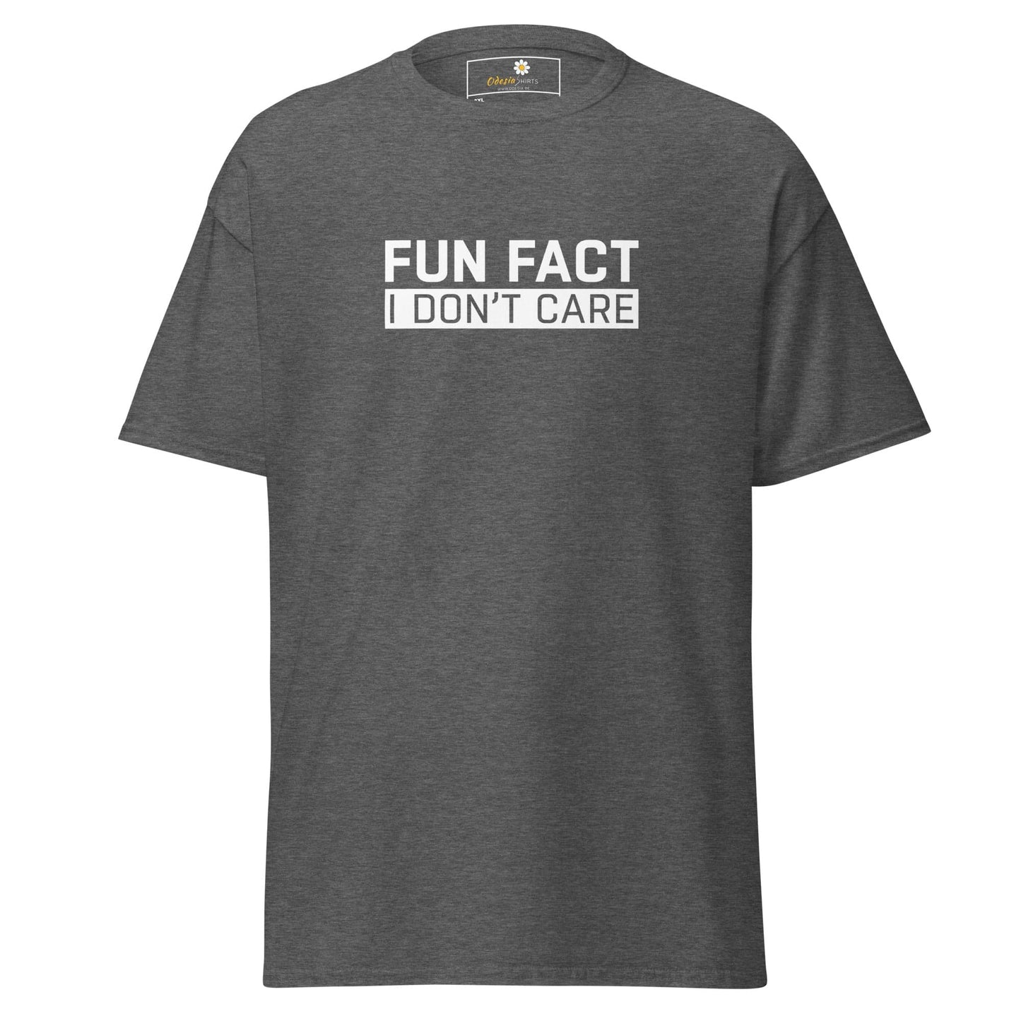 Gray t-shirt with white text.