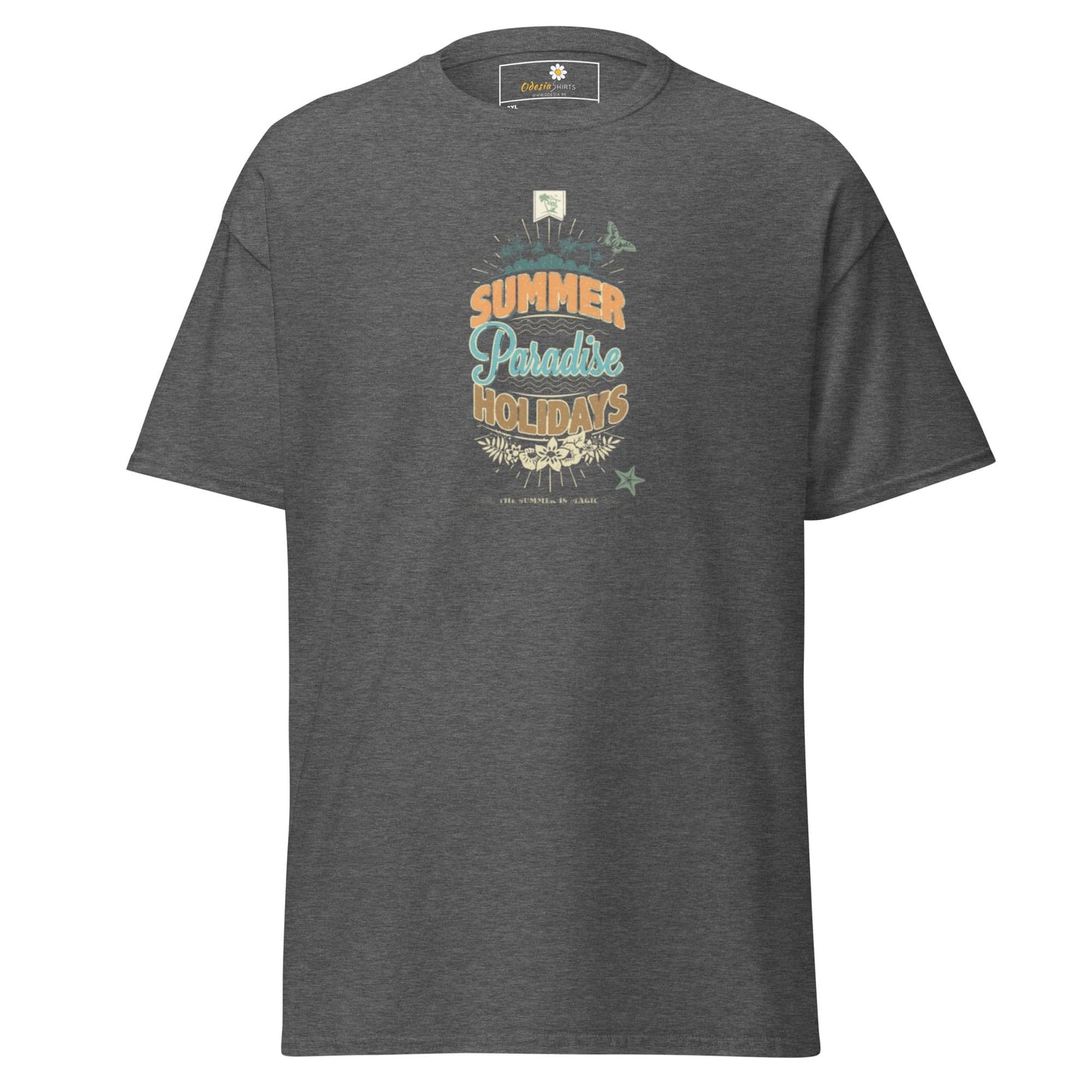 Gray graphic tee.