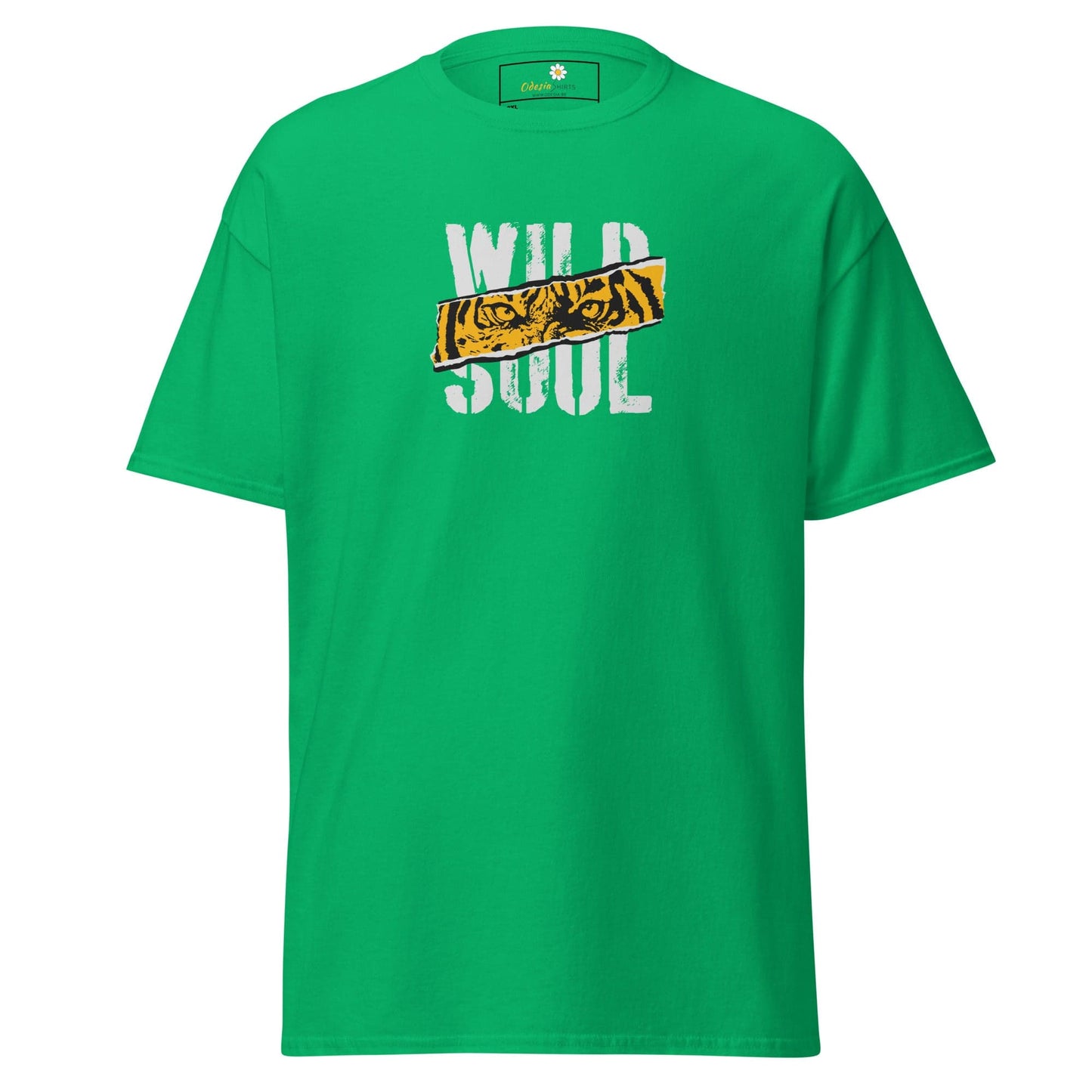 Green t-shirt with tiger graphic.