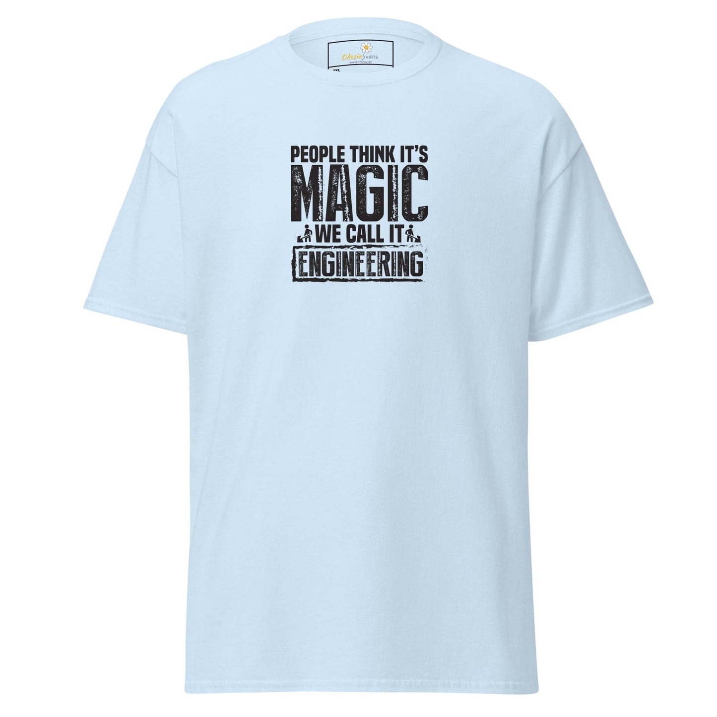 Light blue t-shirt with engineering slogan.