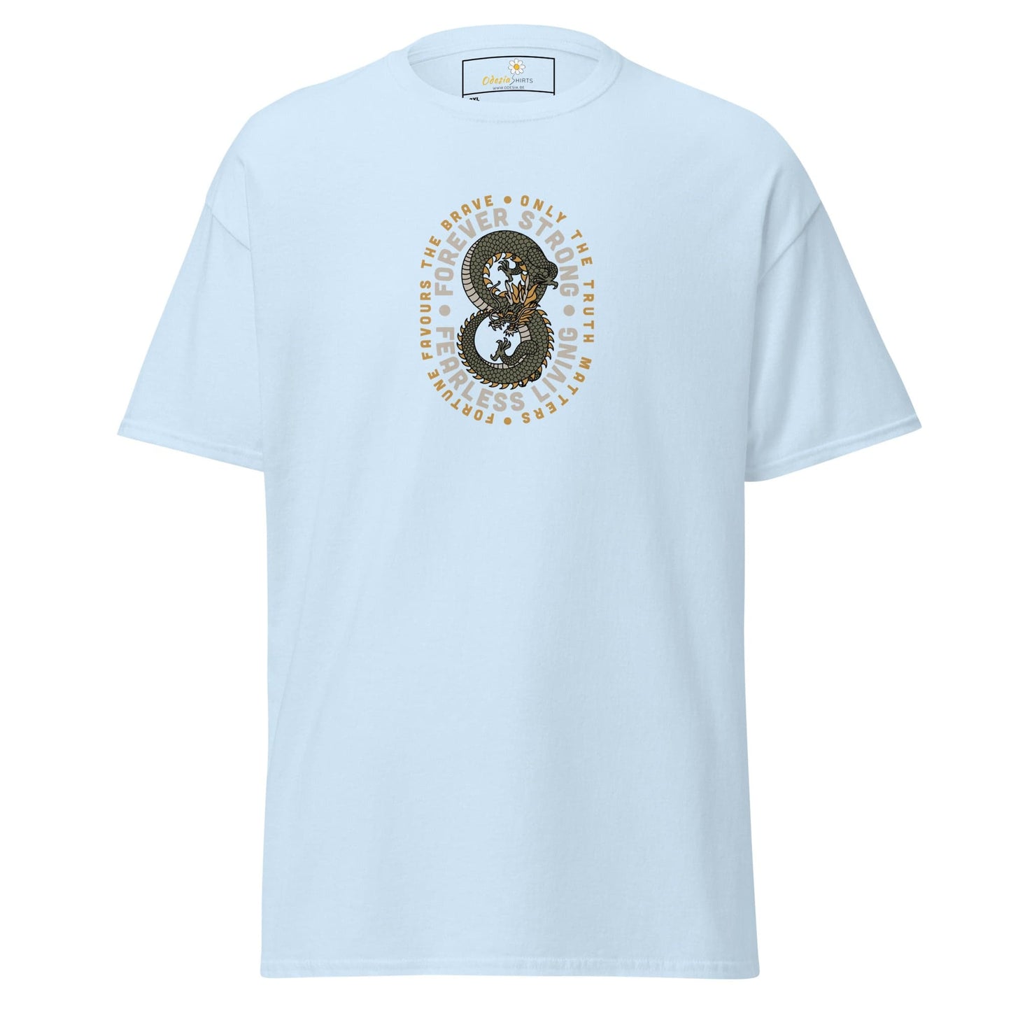 Light blue graphic tee.