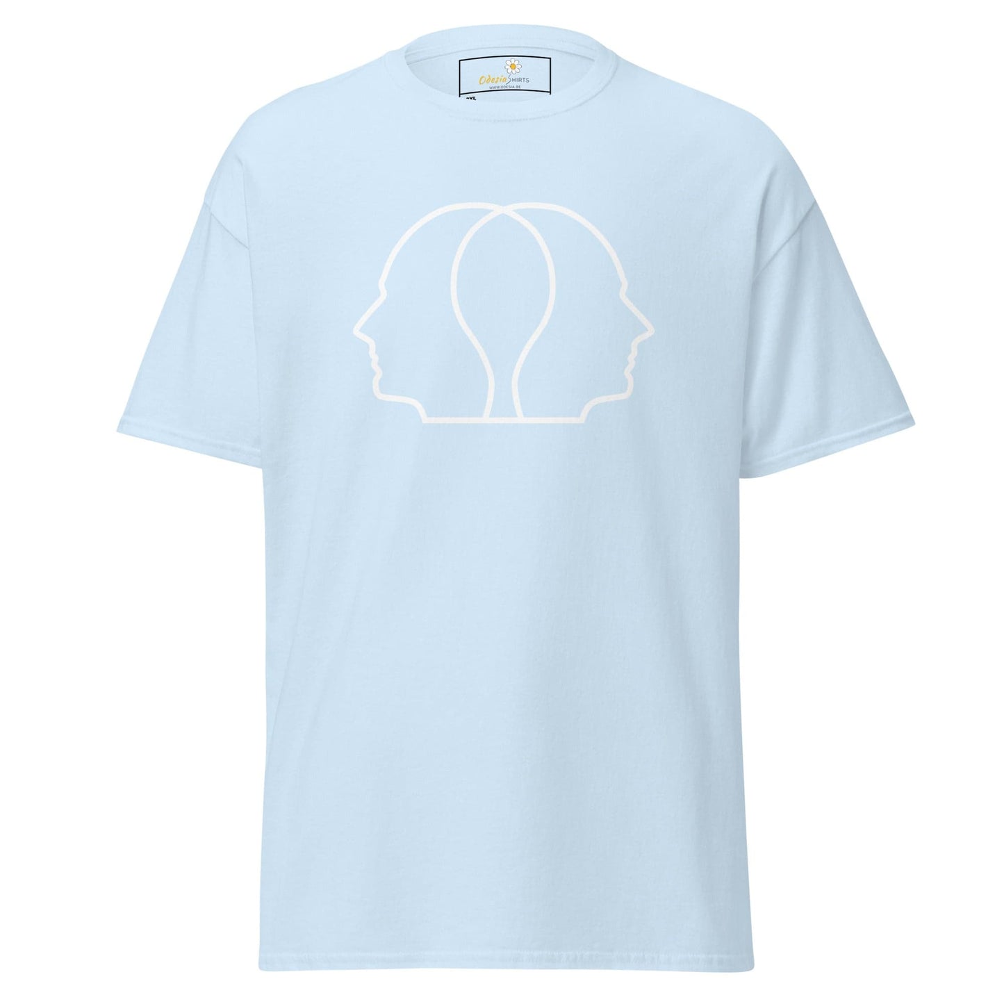 Light blue t-shirt with a white face design for men and women, available in 2XL to 5XL