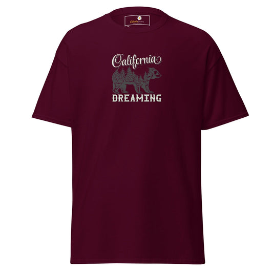 Maroon T-shirt displaying California Dreaming graphic available in men’s and women’s sizes 2XL to 5XL