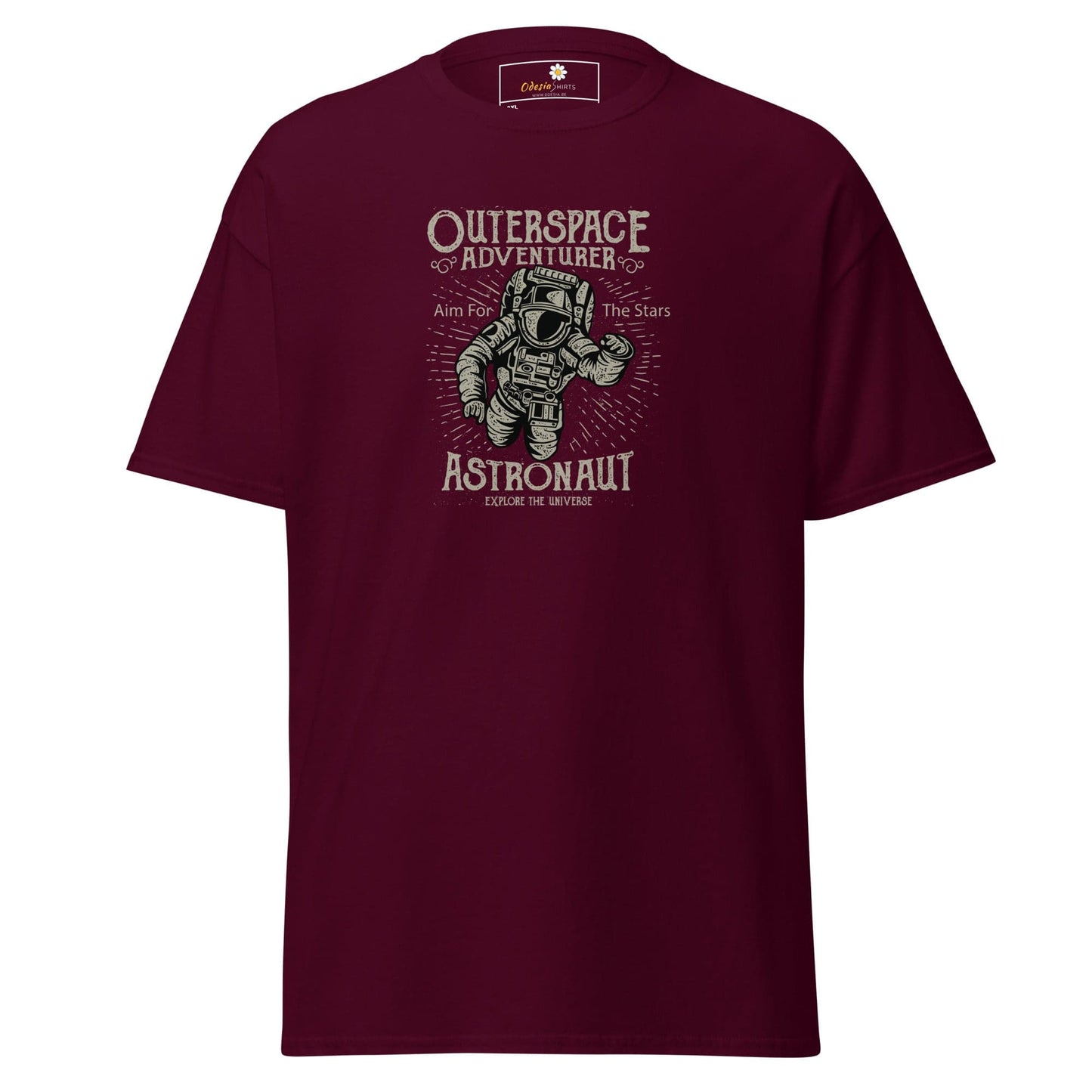 Maroon t-shirt with astronaut graphic.
