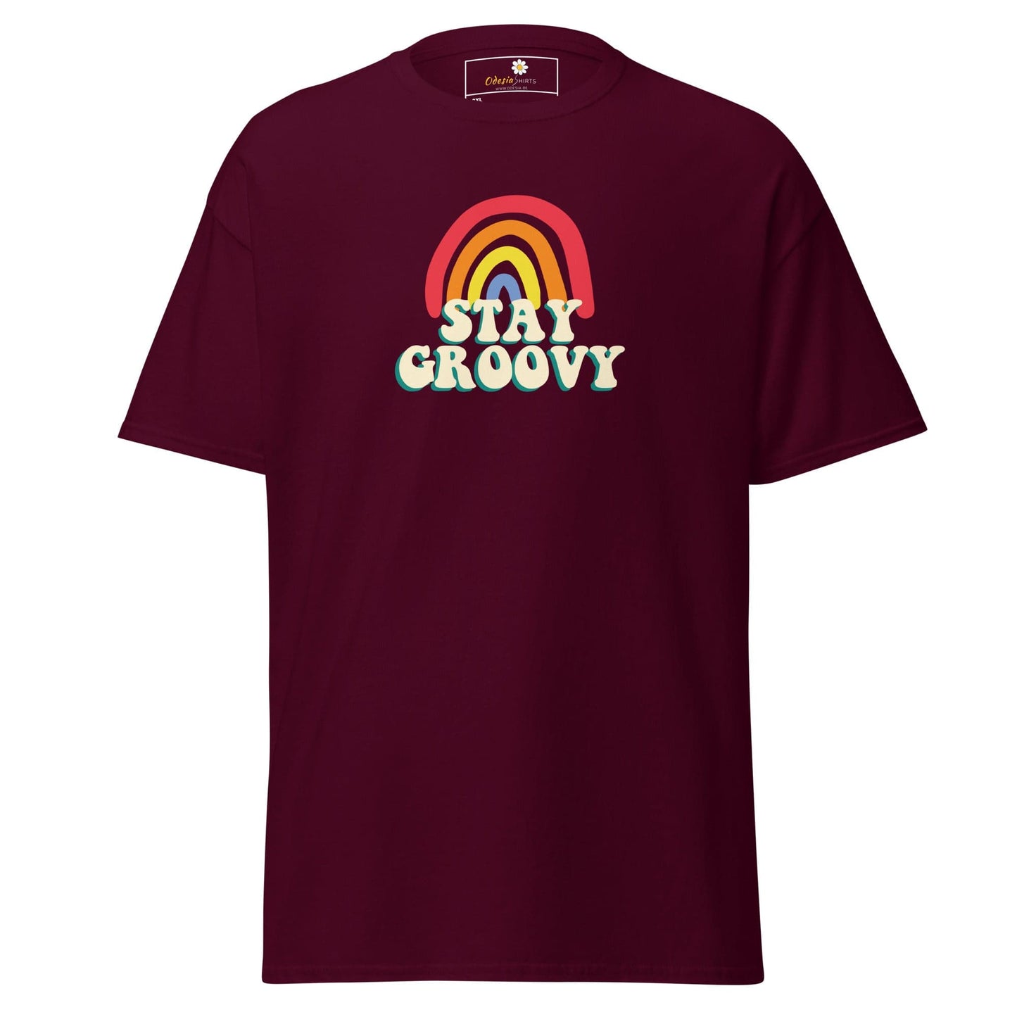 Maroon t-shirt with rainbow and text.