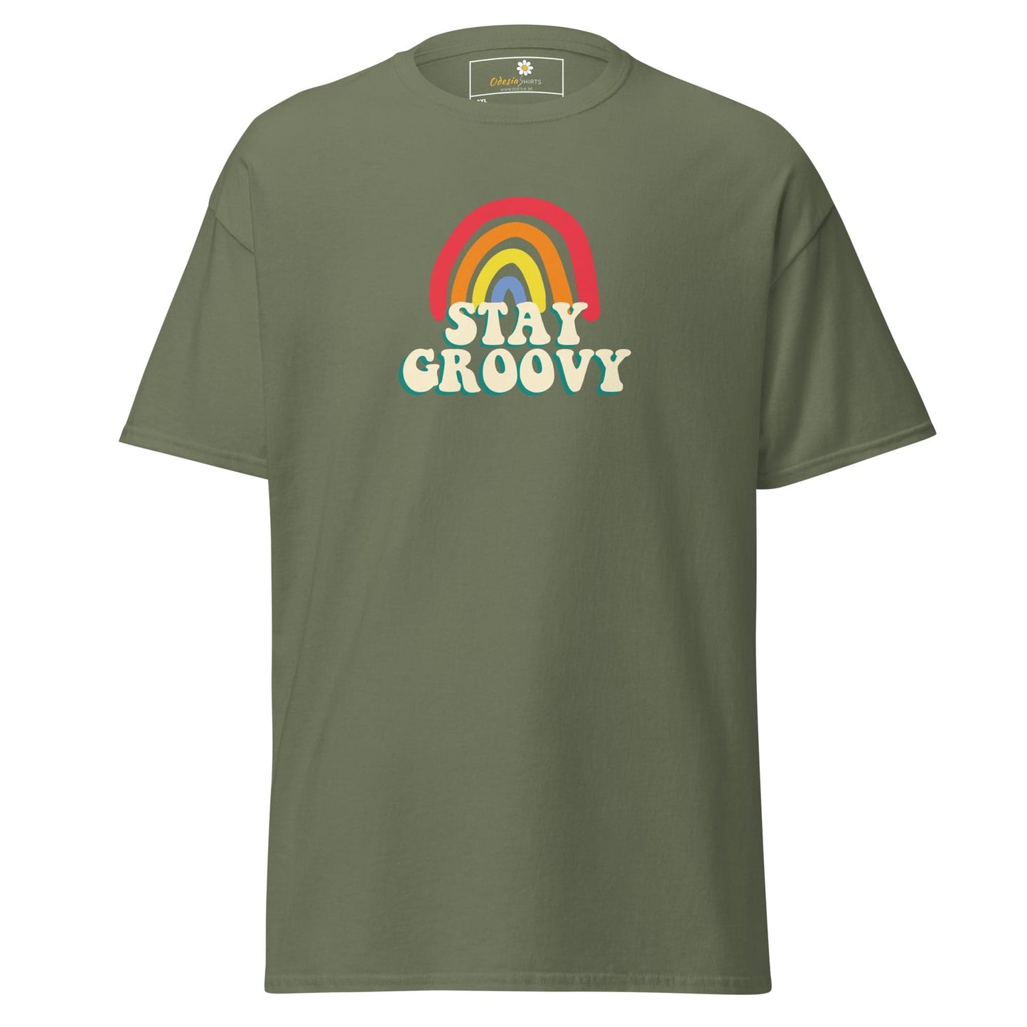 Olive green t-shirt with rainbow and ’Stay Groovy’ text.