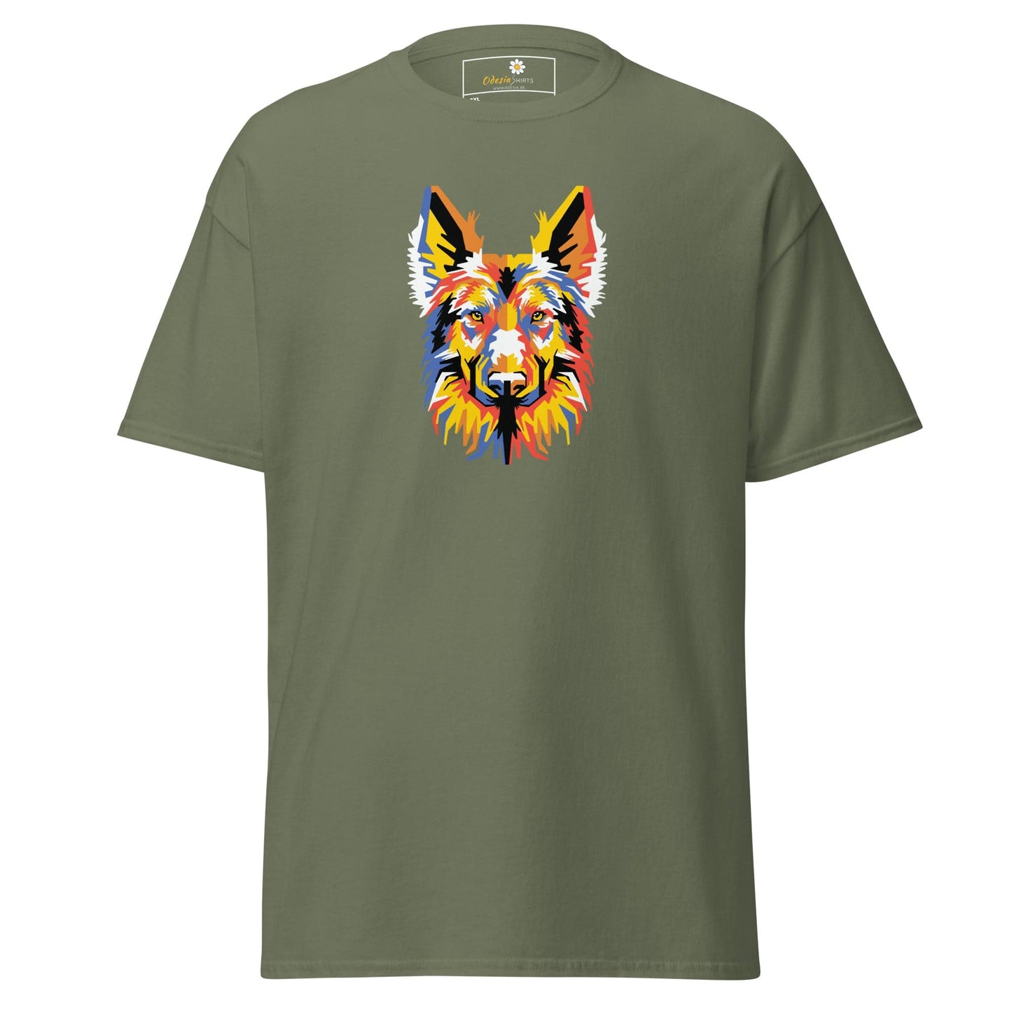 Olive green T-shirt with colorful dog graphic for men and women in 2XL to 5XL