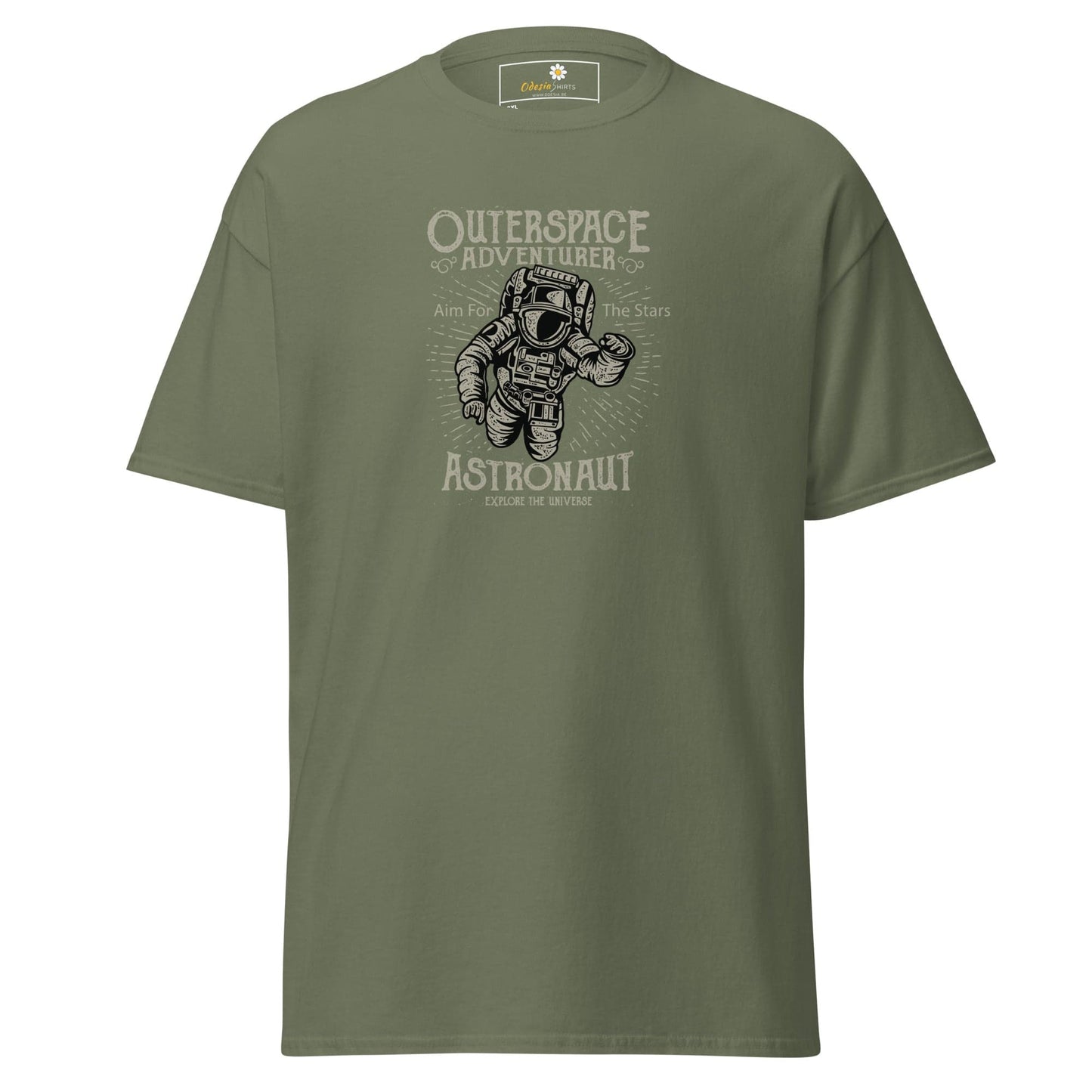 Olive green t-shirt with astronaut graphic.