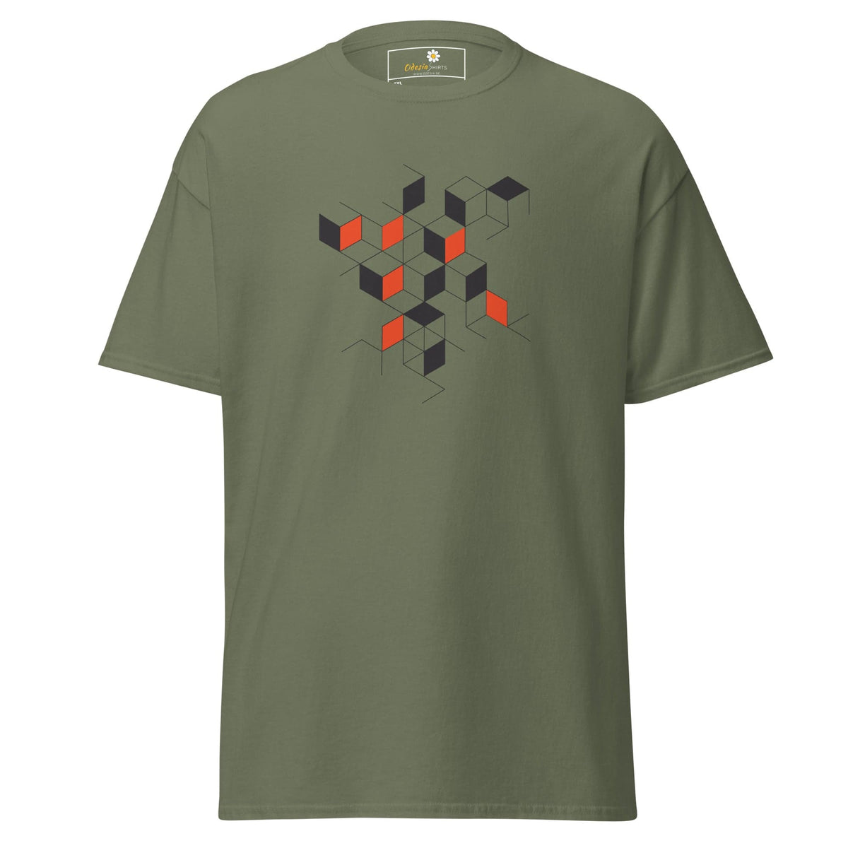 Olive green T-shirt with geometric cube design for men and women in 2XL to 5XL sizes