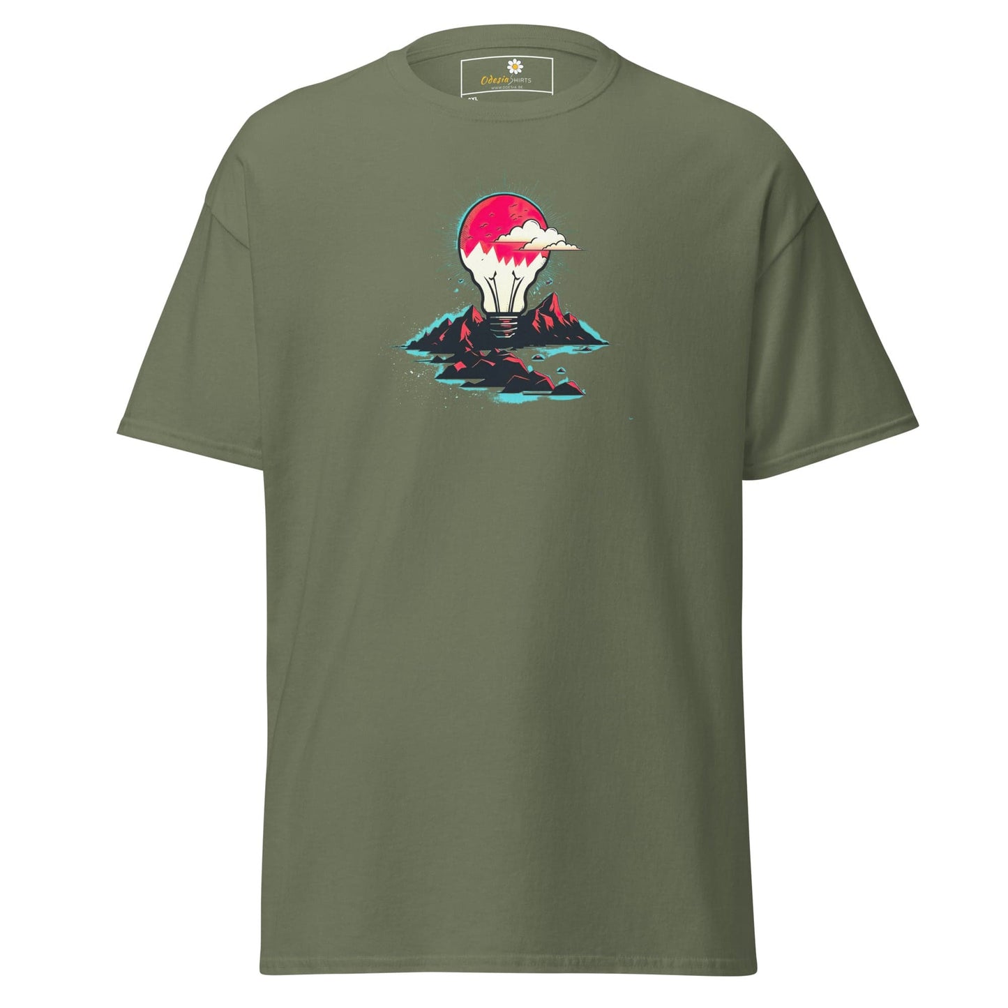 Olive green t-shirt with lightbulb design for men and women in 2XL to 5XL sizes