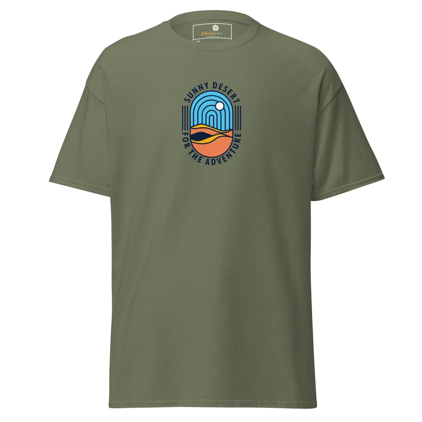Olive green T-shirt with desert graphic design for men and women in 2XL to 5XL sizes