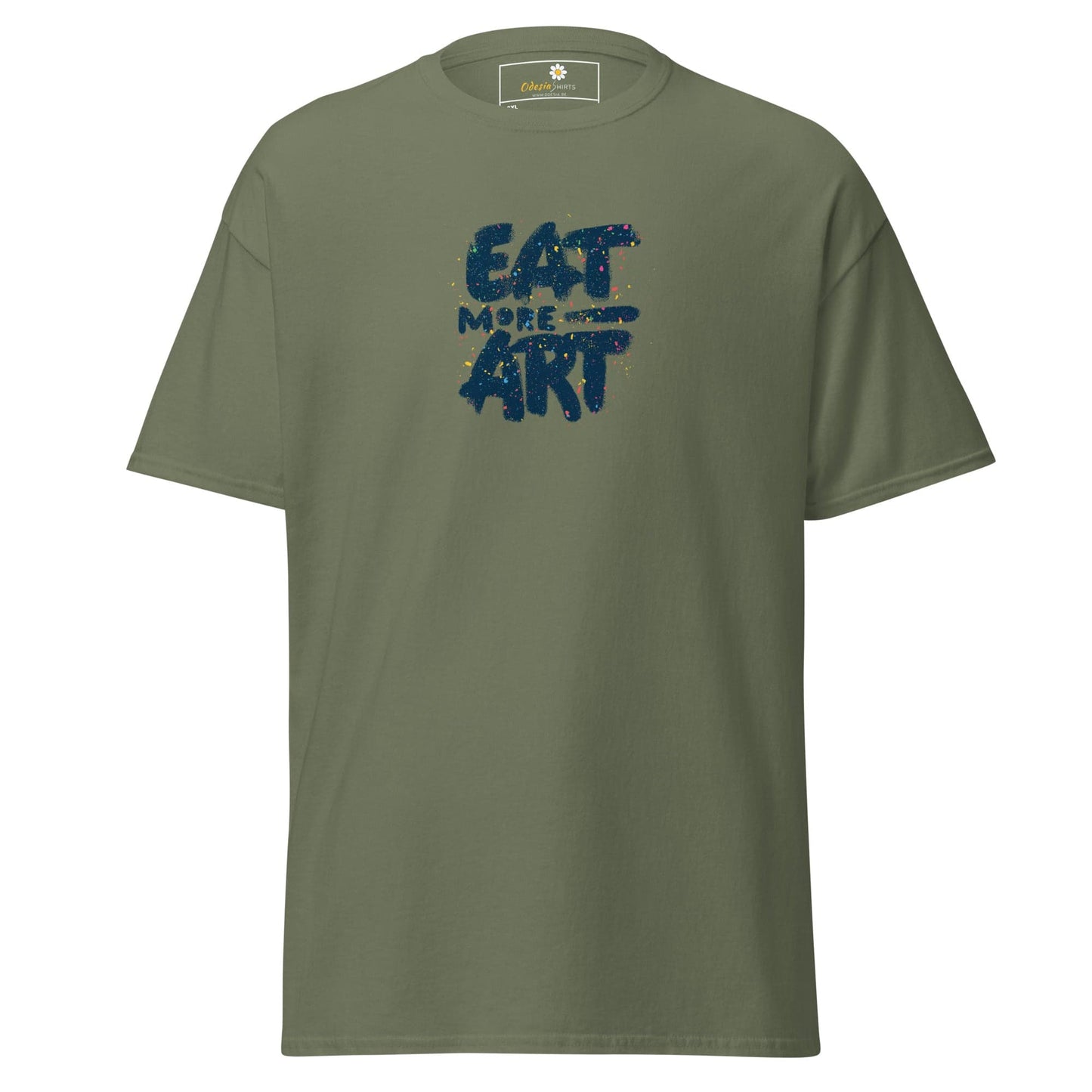 Olive green T-shirt with Eat More Art text, designed for men and women, available in 2XL to 5XL