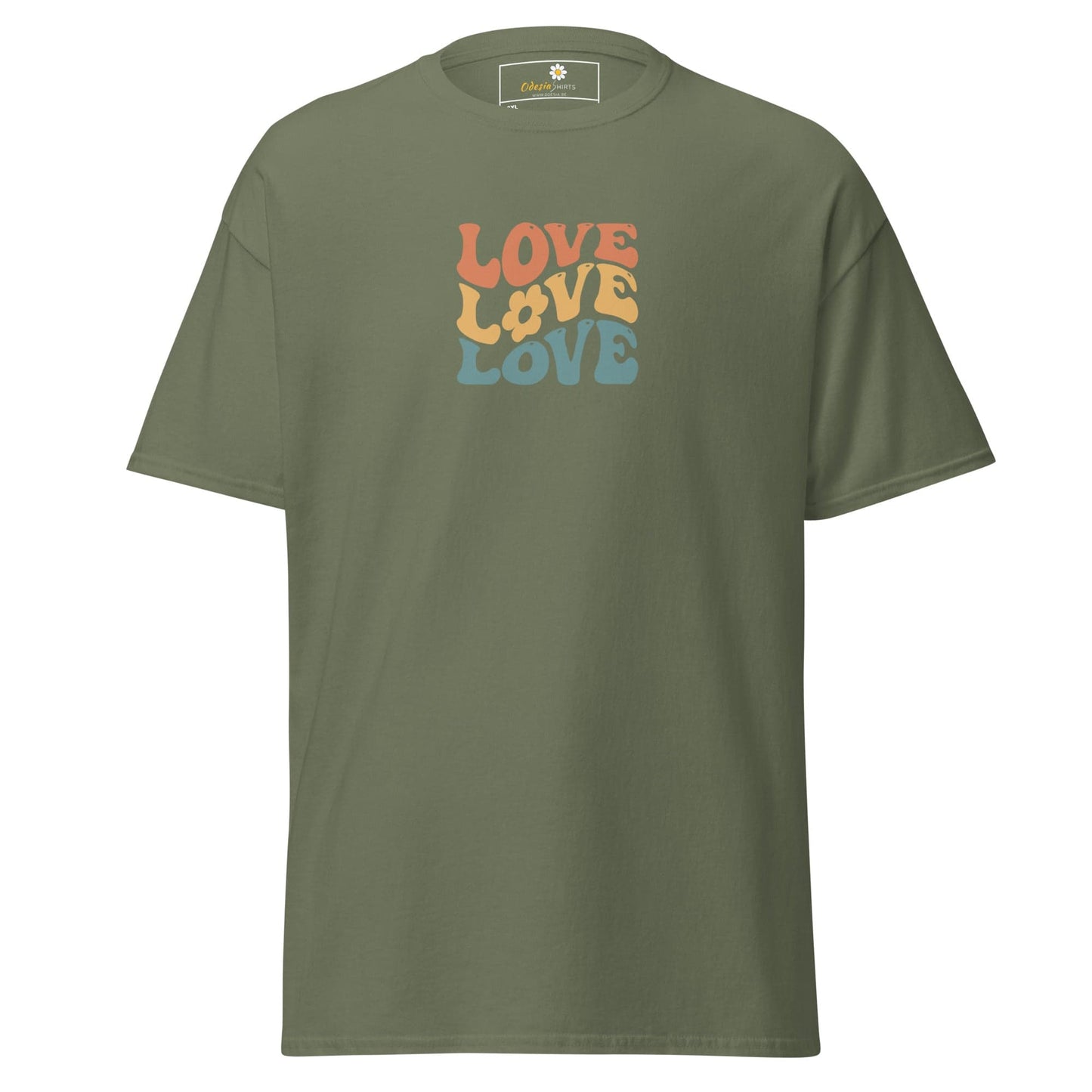 Olive green t-shirt with ’LOVE’ graphic.