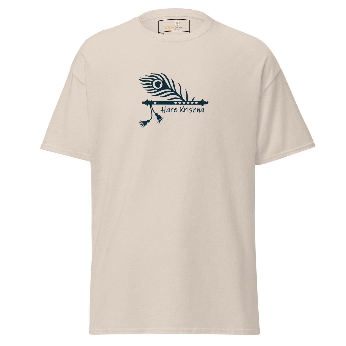 Beige T-shirt with peacock feather and flute design for men and women, sizes 2XL to 5XL