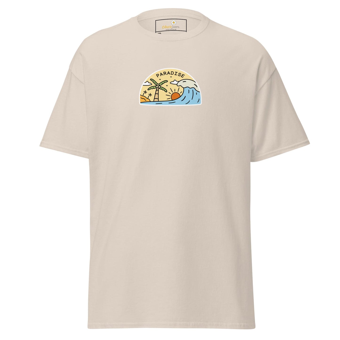 Beige t-shirt with paradise graphic.