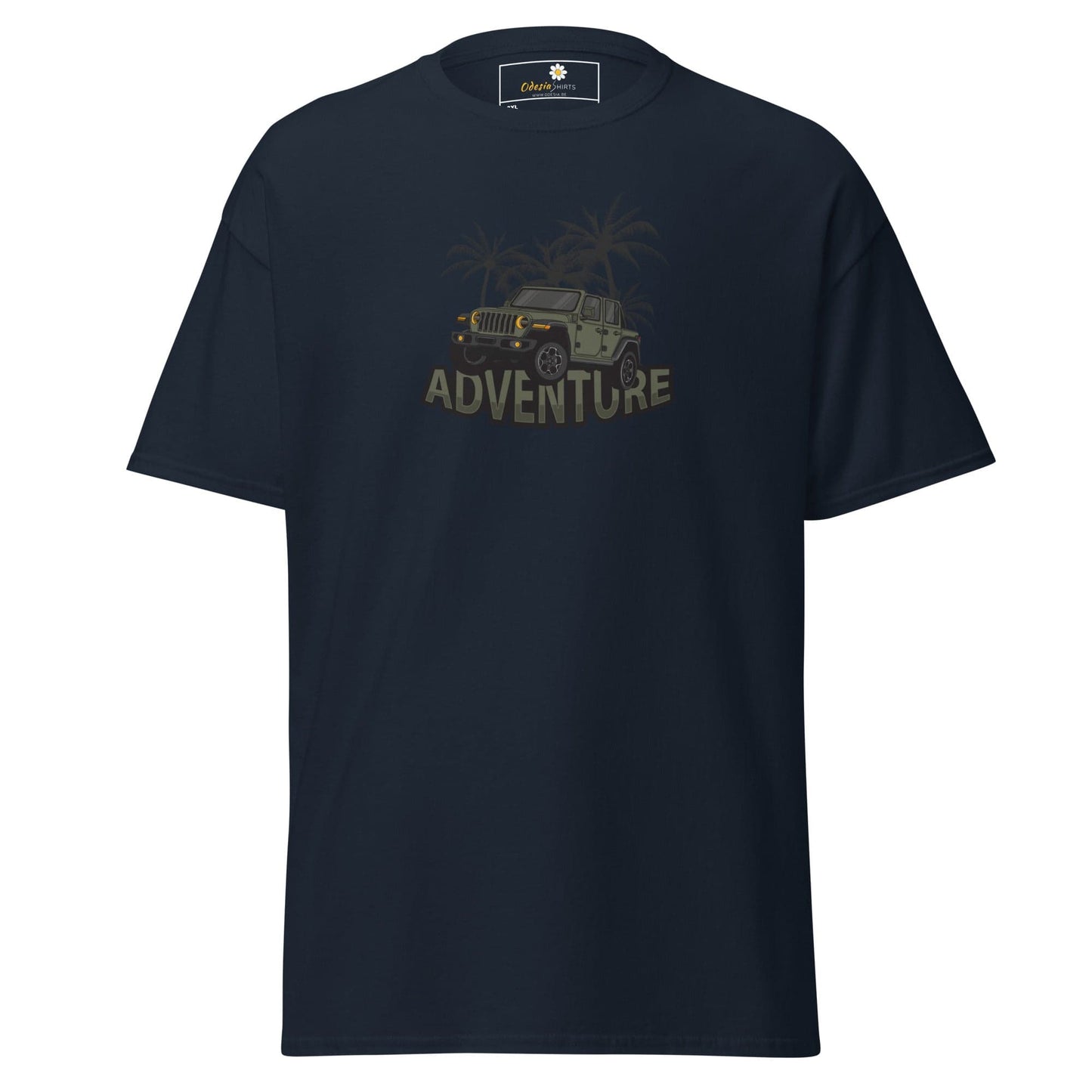 Navy blue T-shirt with adventure vehicle graphic for men and women in 2XL to 5XL size