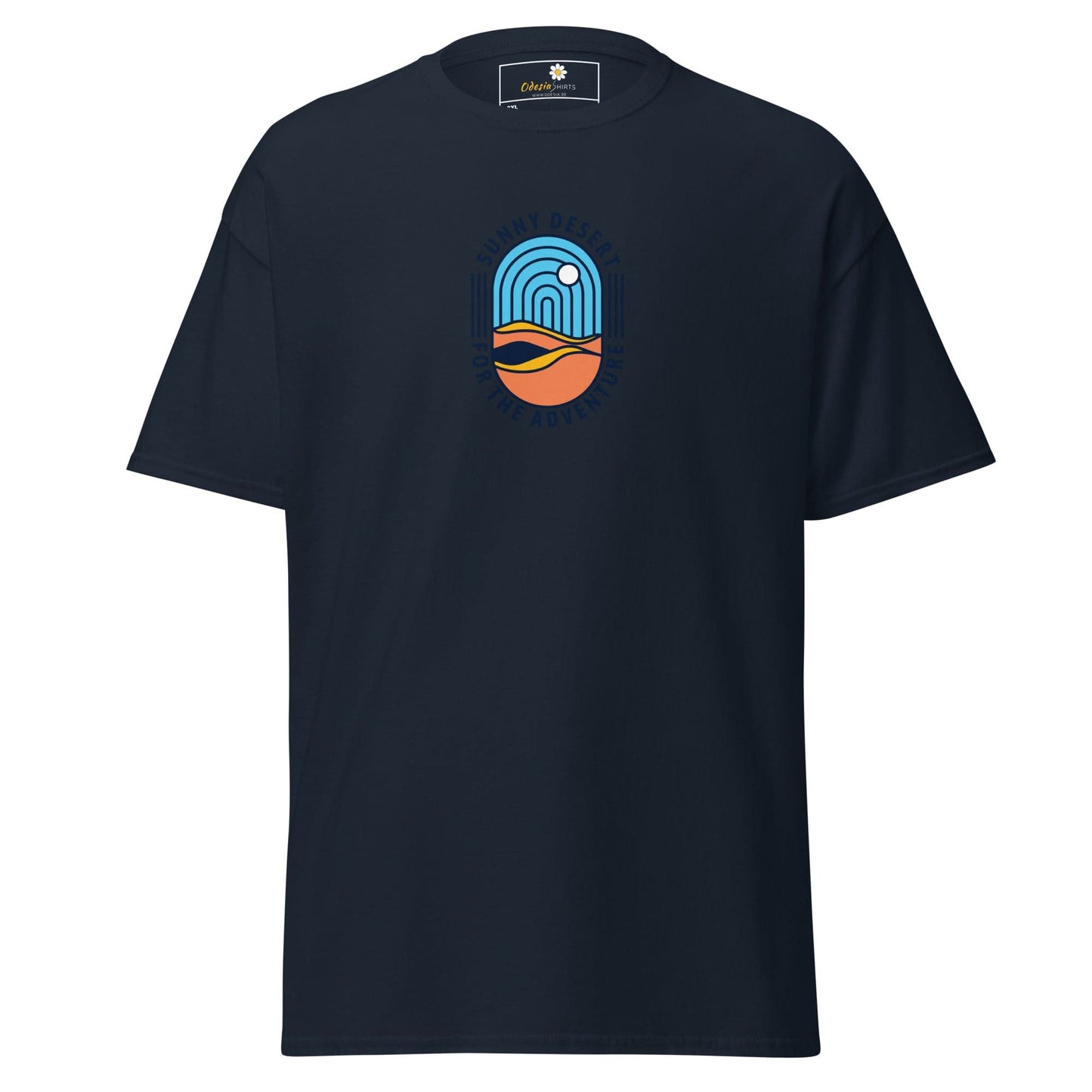 Navy blue T-shirt with desert graphic for men and women, available in sizes 2XL to 5XL