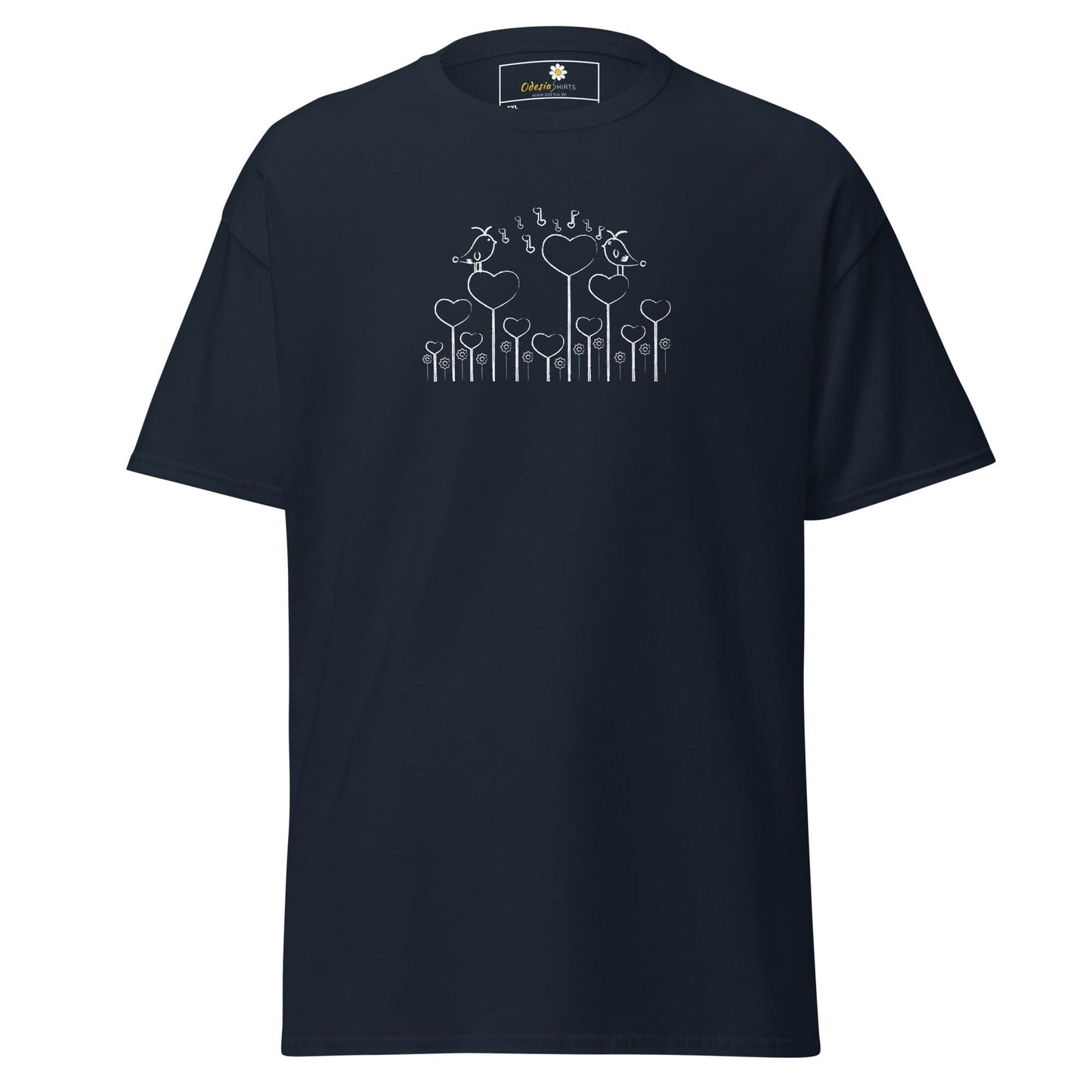 Navy blue T-shirt with heart and bird design for men and women available in 2XL to 5XL