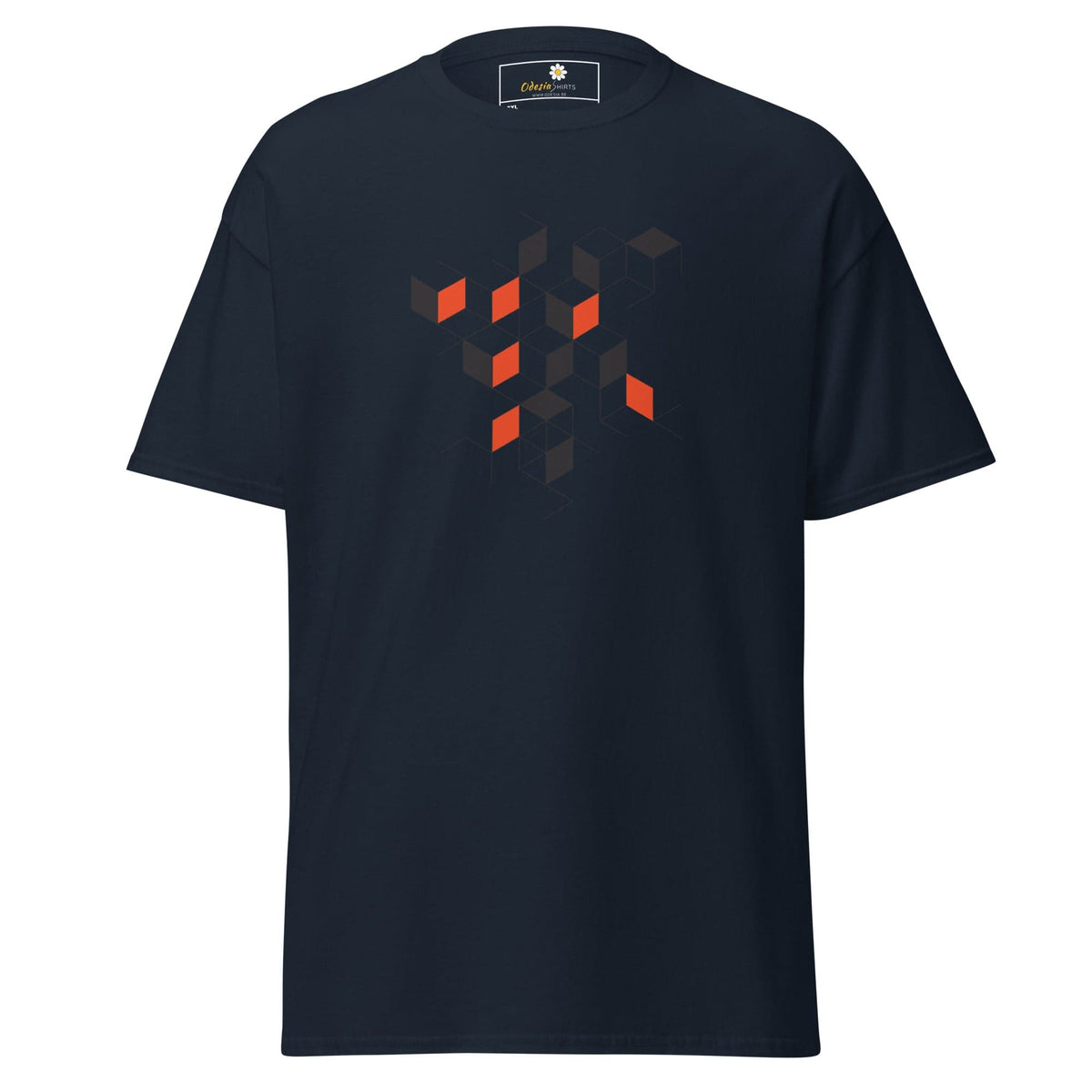 Navy blue men’s and women’s T-shirt with geometric design in 2XL to 5XL sizes