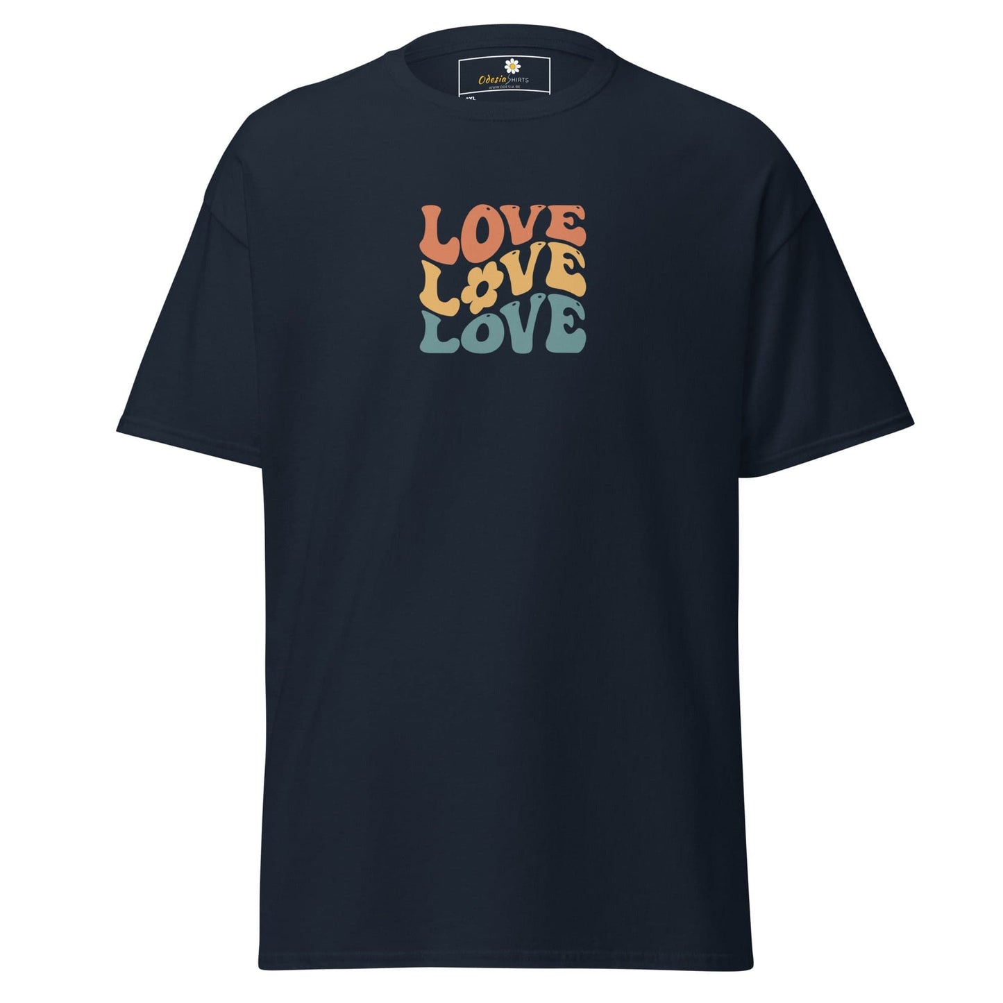 Navy blue t-shirt with ’love’ graphic.