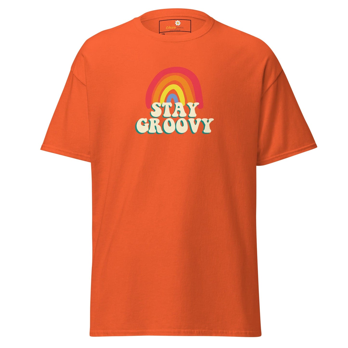 Orange t-shirt with rainbow and text.