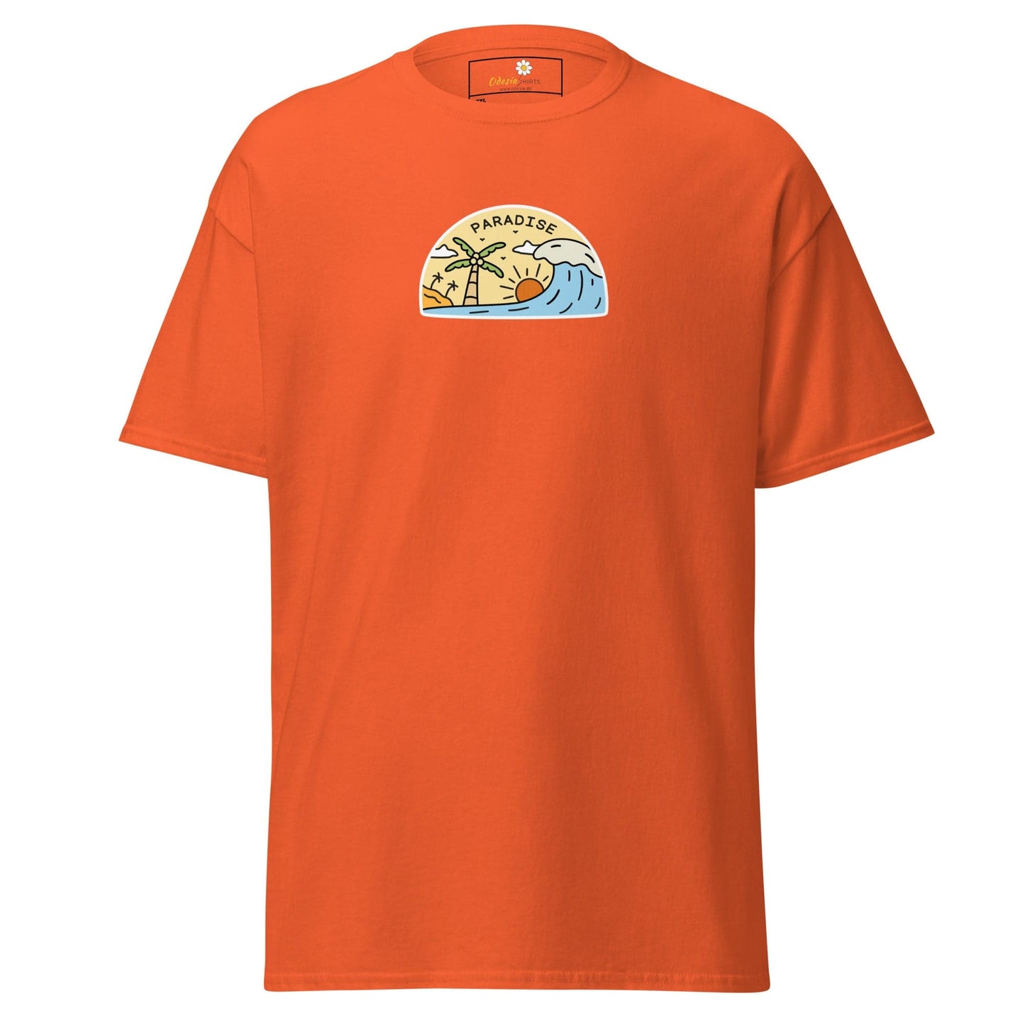 Orange t-shirt with beach scene graphic.