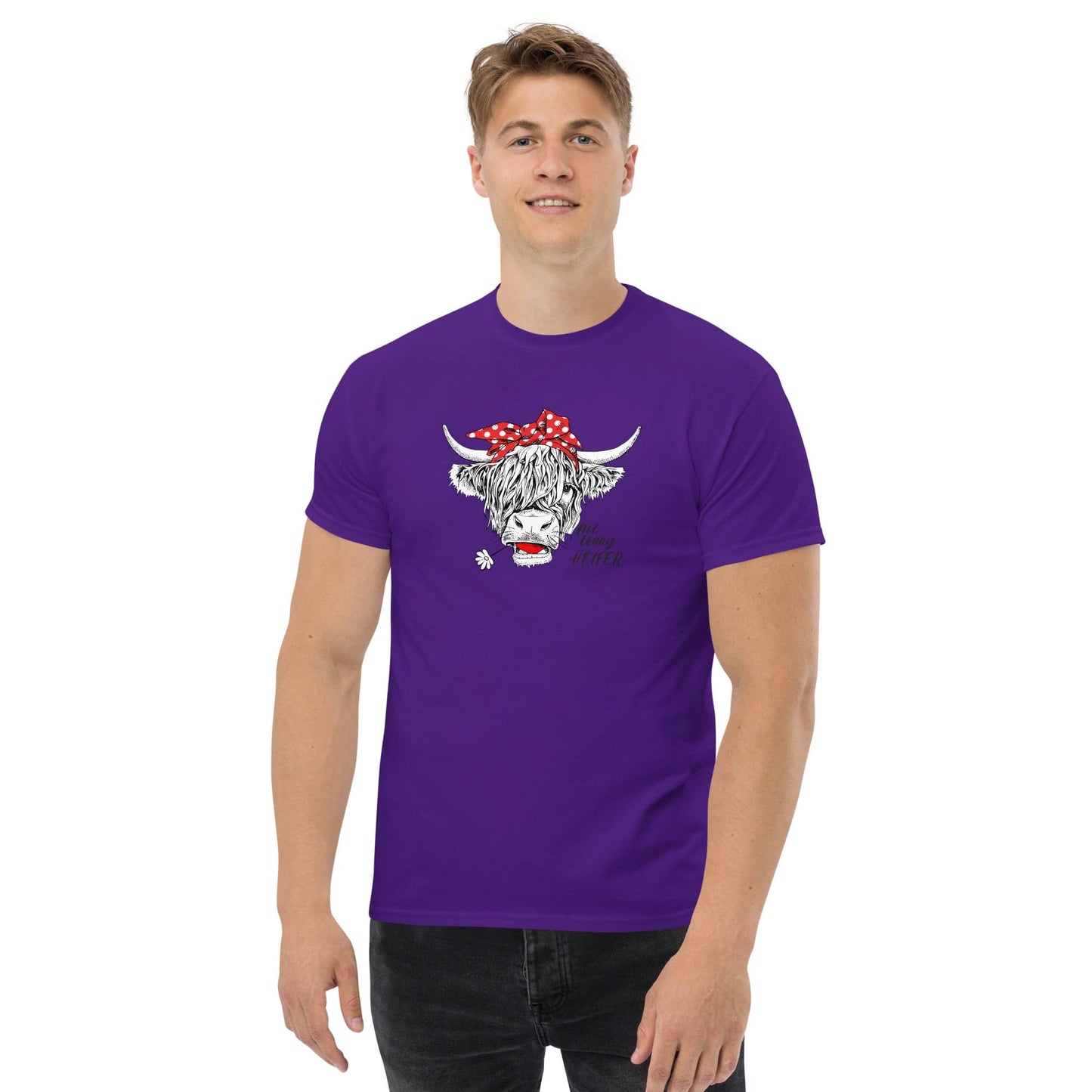 Purple t-shirt with cow graphic.