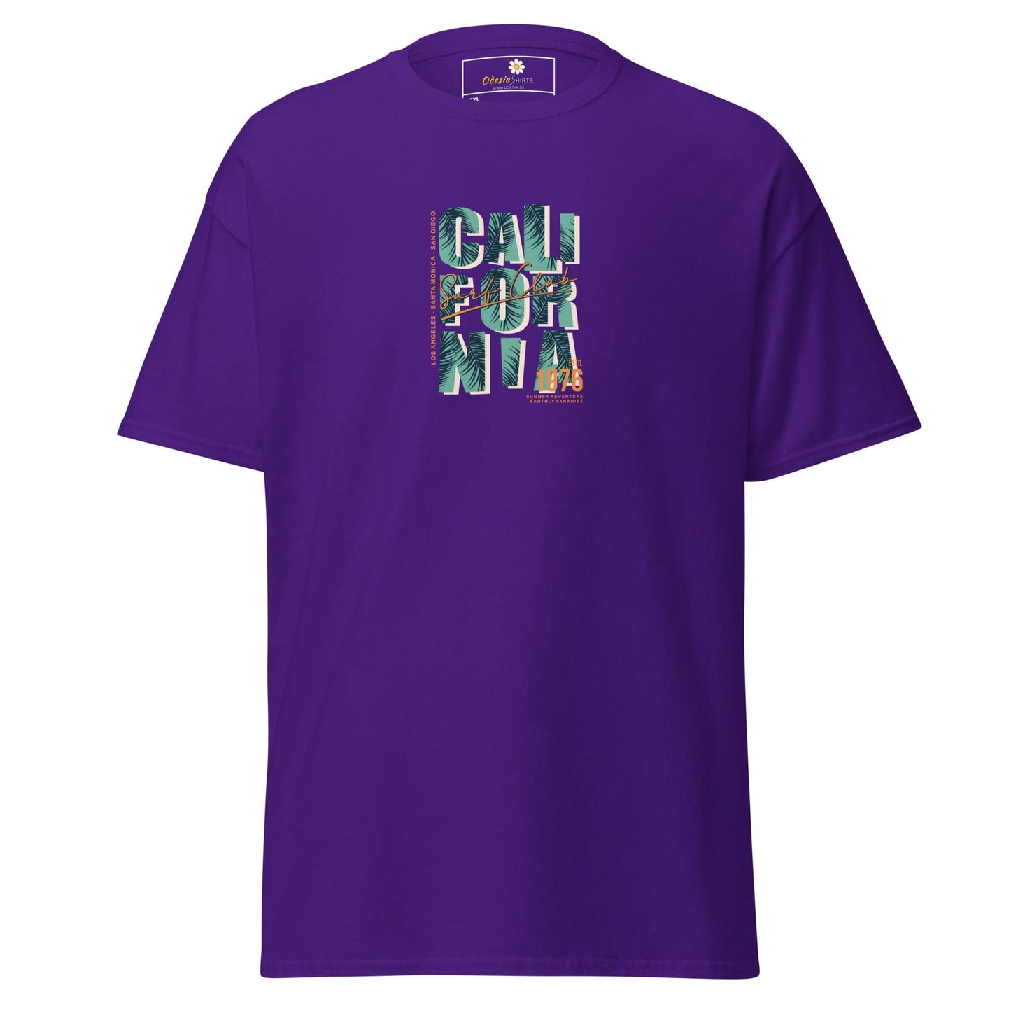 Purple t-shirt with ’California’ graphic.