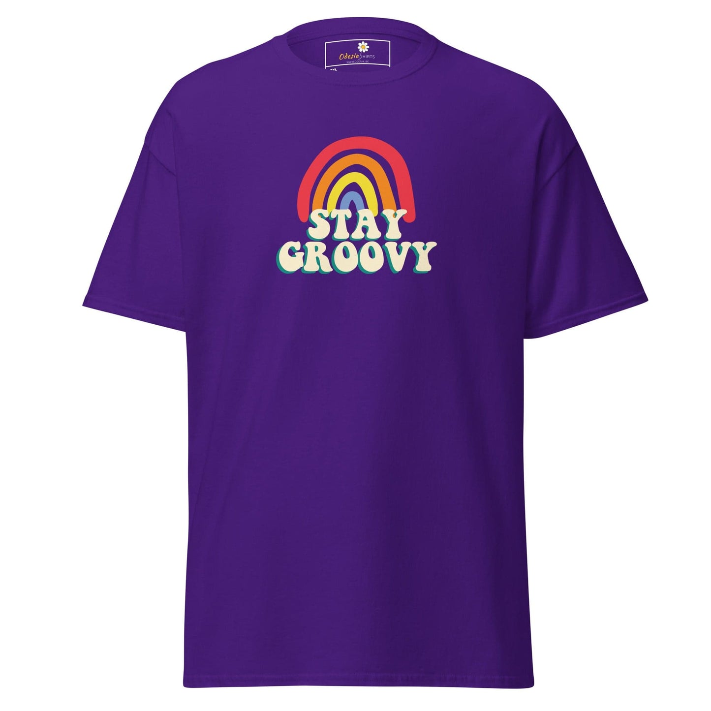 Purple t-shirt with rainbow and text.