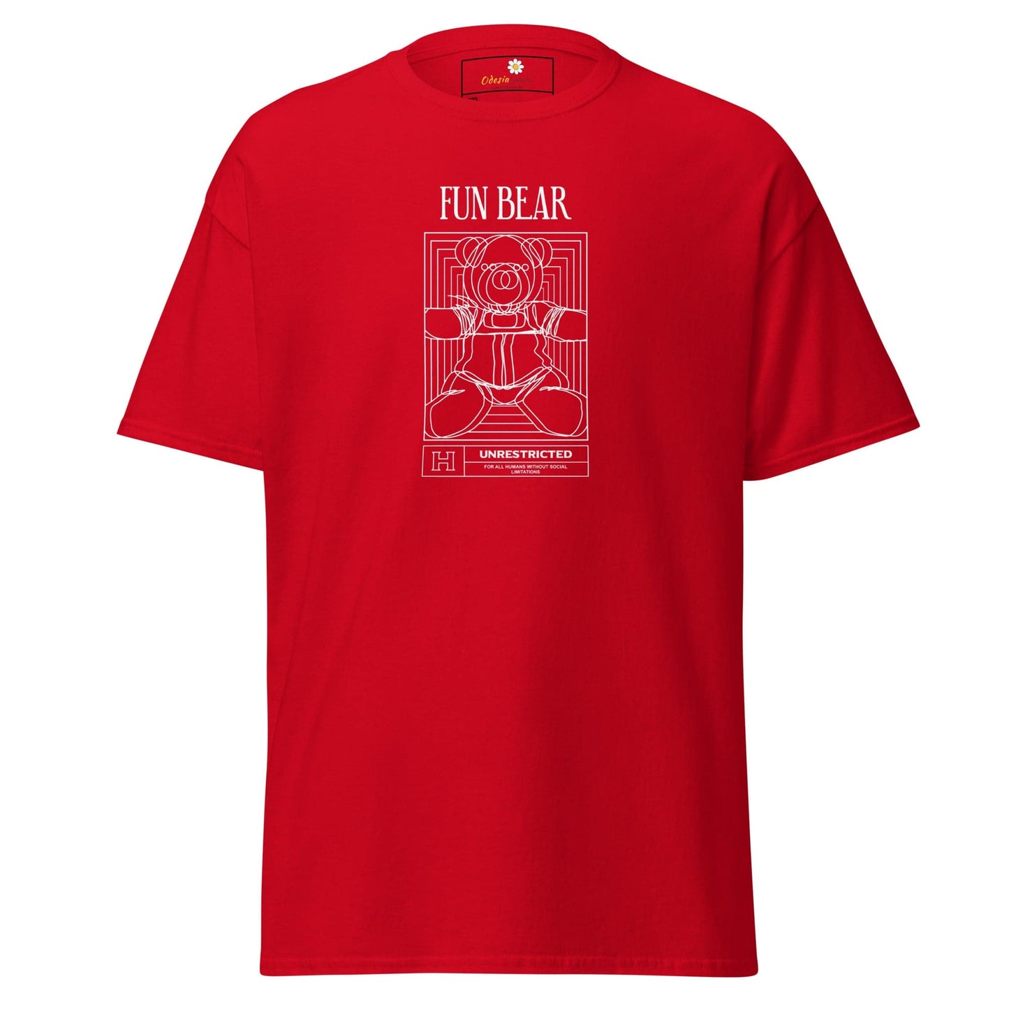 Red t-shirt with a bear graphic.