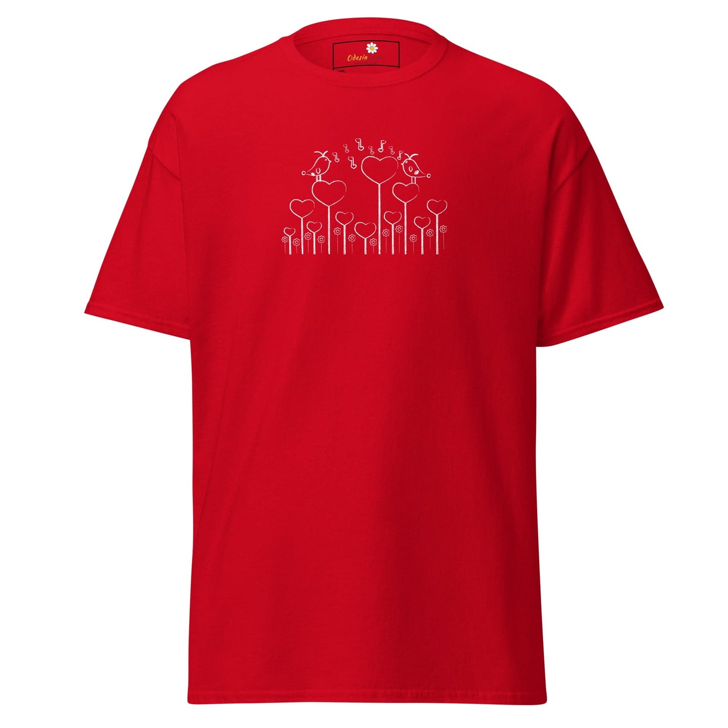 Red T-shirt with heart and bird design for men and women in sizes 2XL to 5XL