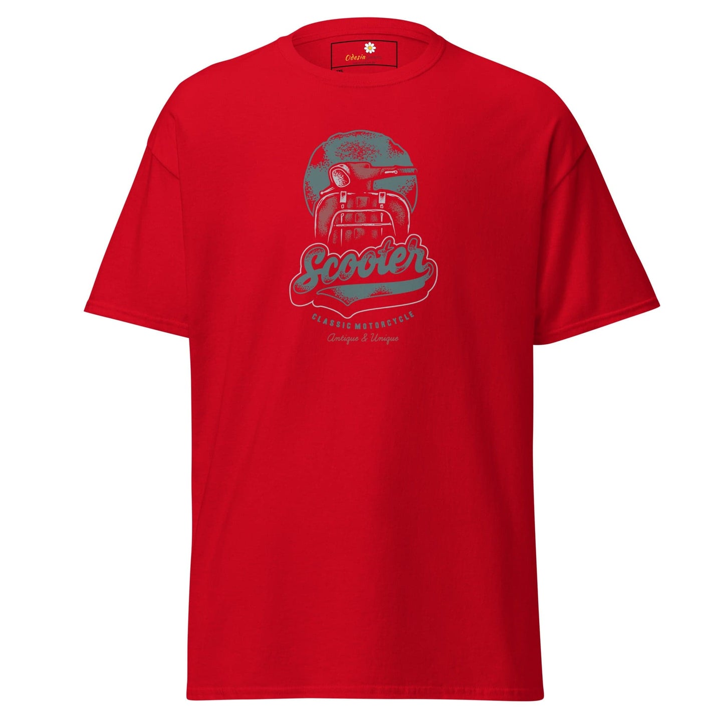 Red t-shirt with scooter graphic.