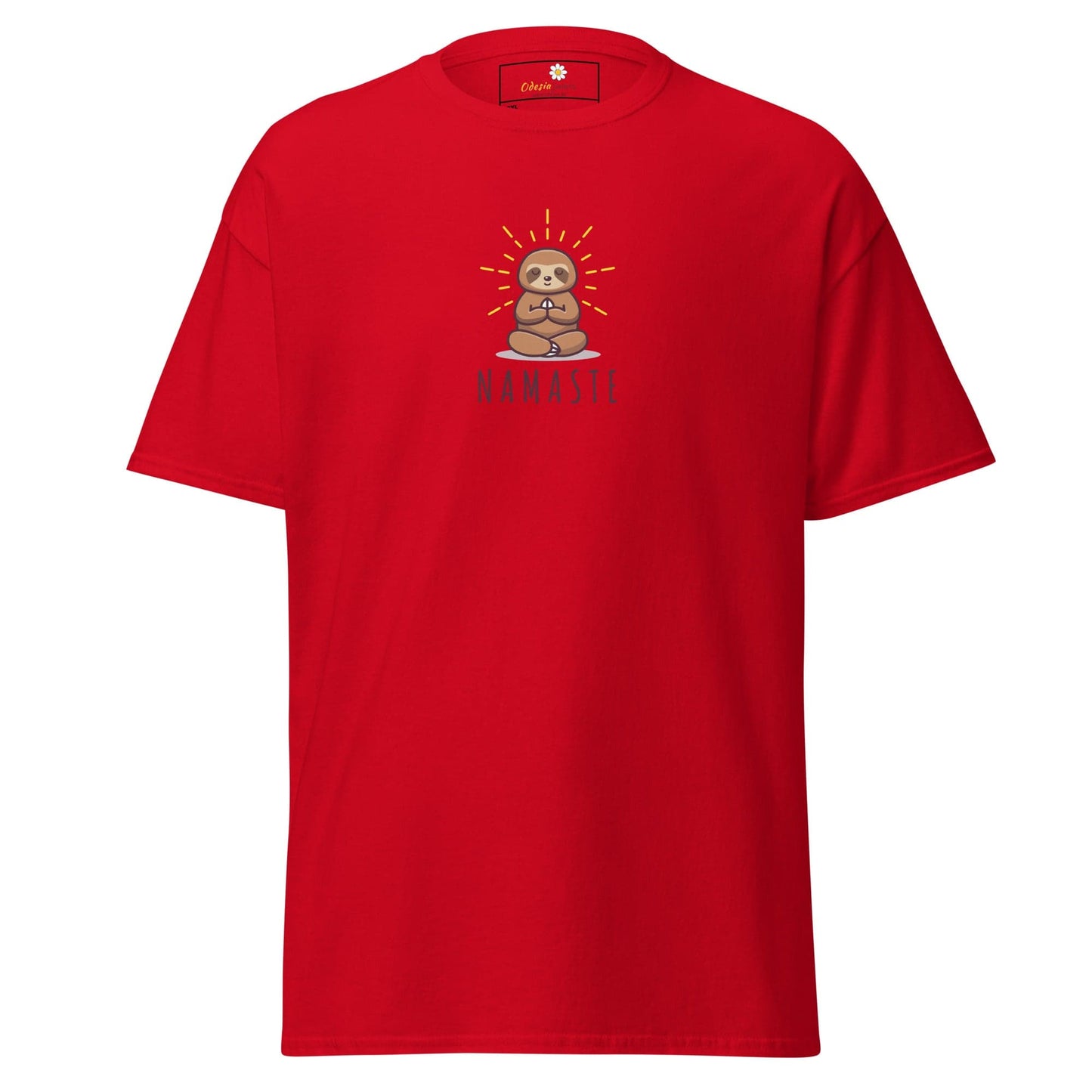 Red t-shirt with sloth design.