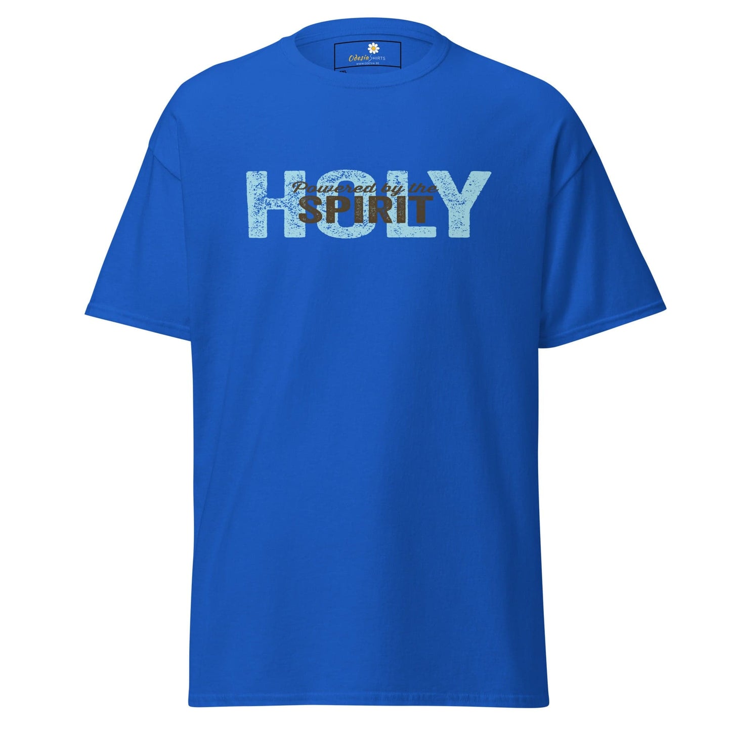 Blue T-shirt with Holy Spirit text displayed in men’s and women’s design from T-Shirt Design Tee collection
