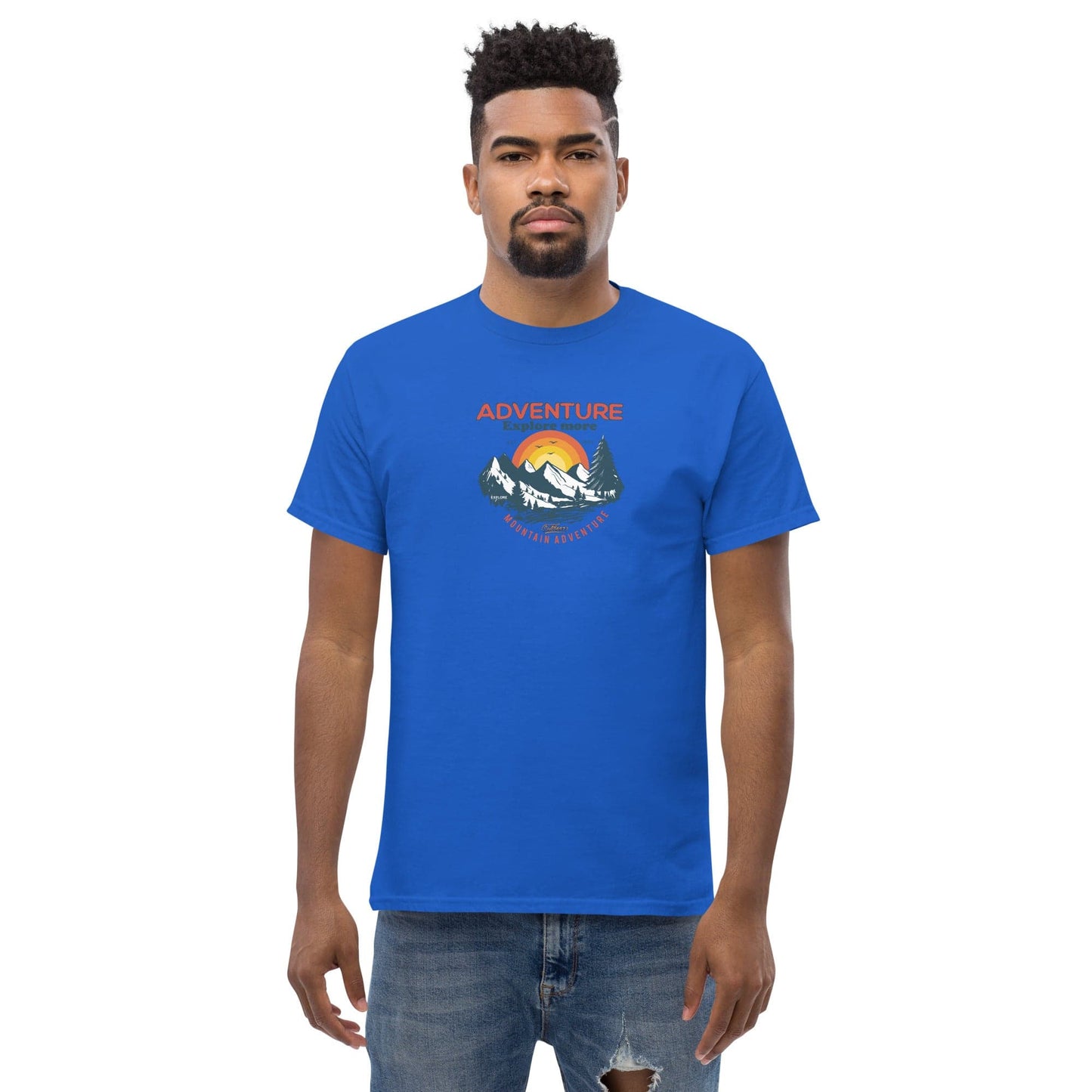 Blue t-shirt with mountain graphic.