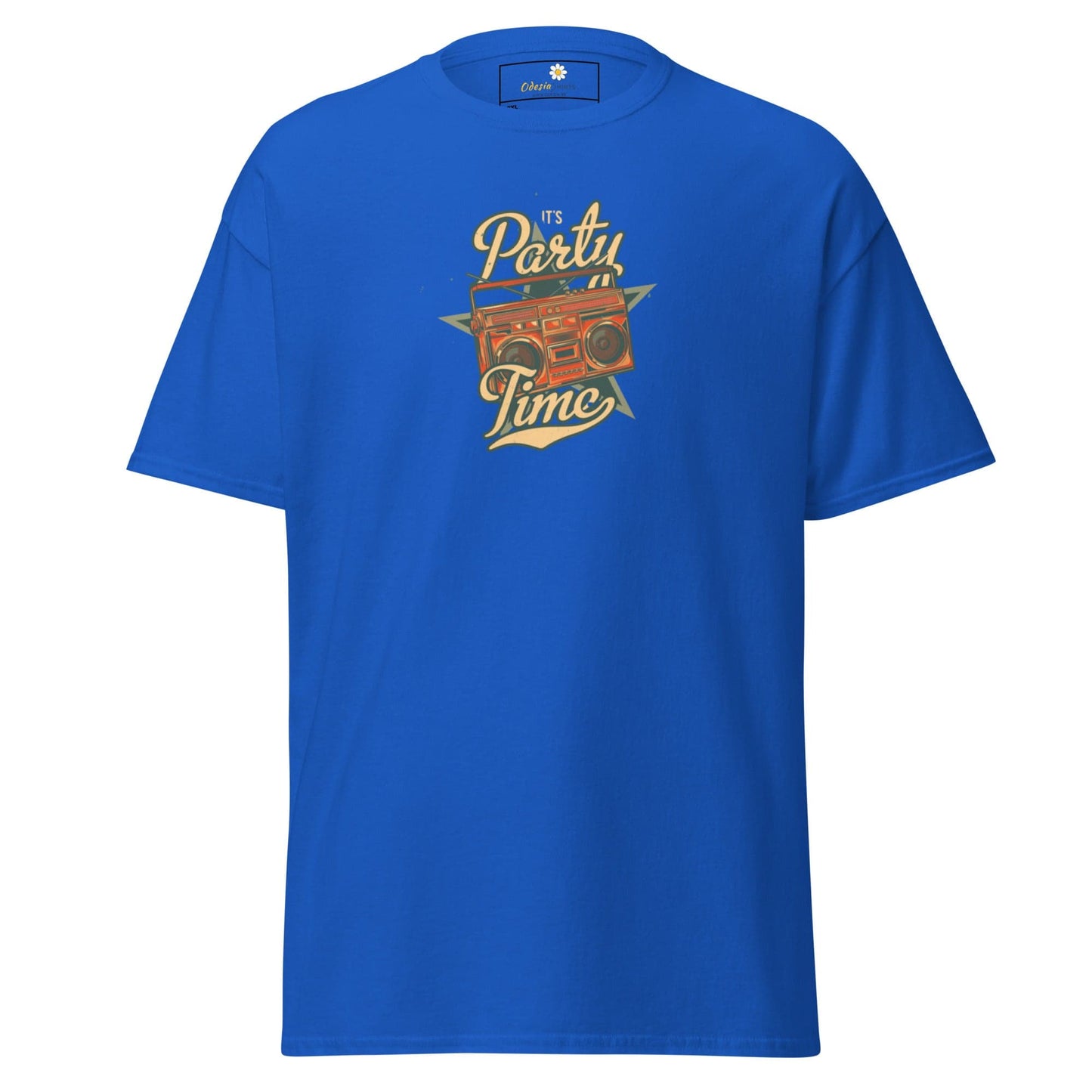 Blue T-shirt featuring a boombox graphic for men and women in sizes 2XL to 5XL