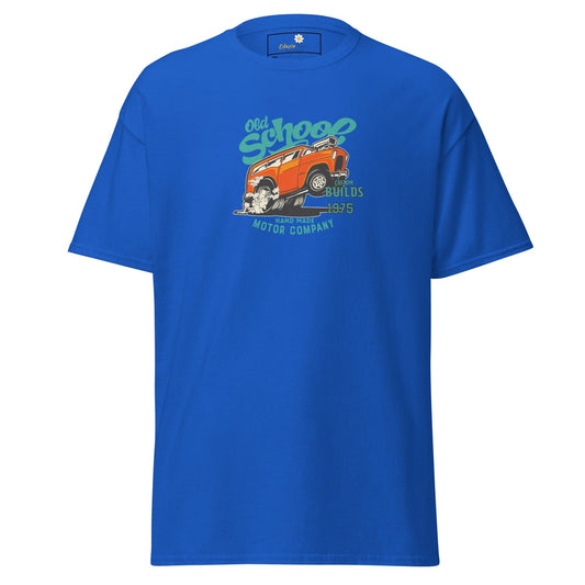 Blue graphic tee.