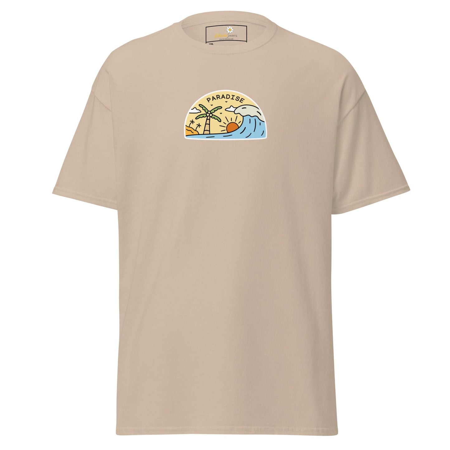 Beige t-shirt with a beach scene graphic.