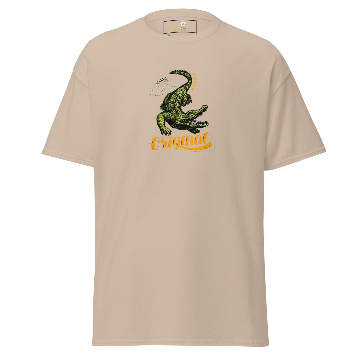 Beige t-shirt with crocodile graphic.