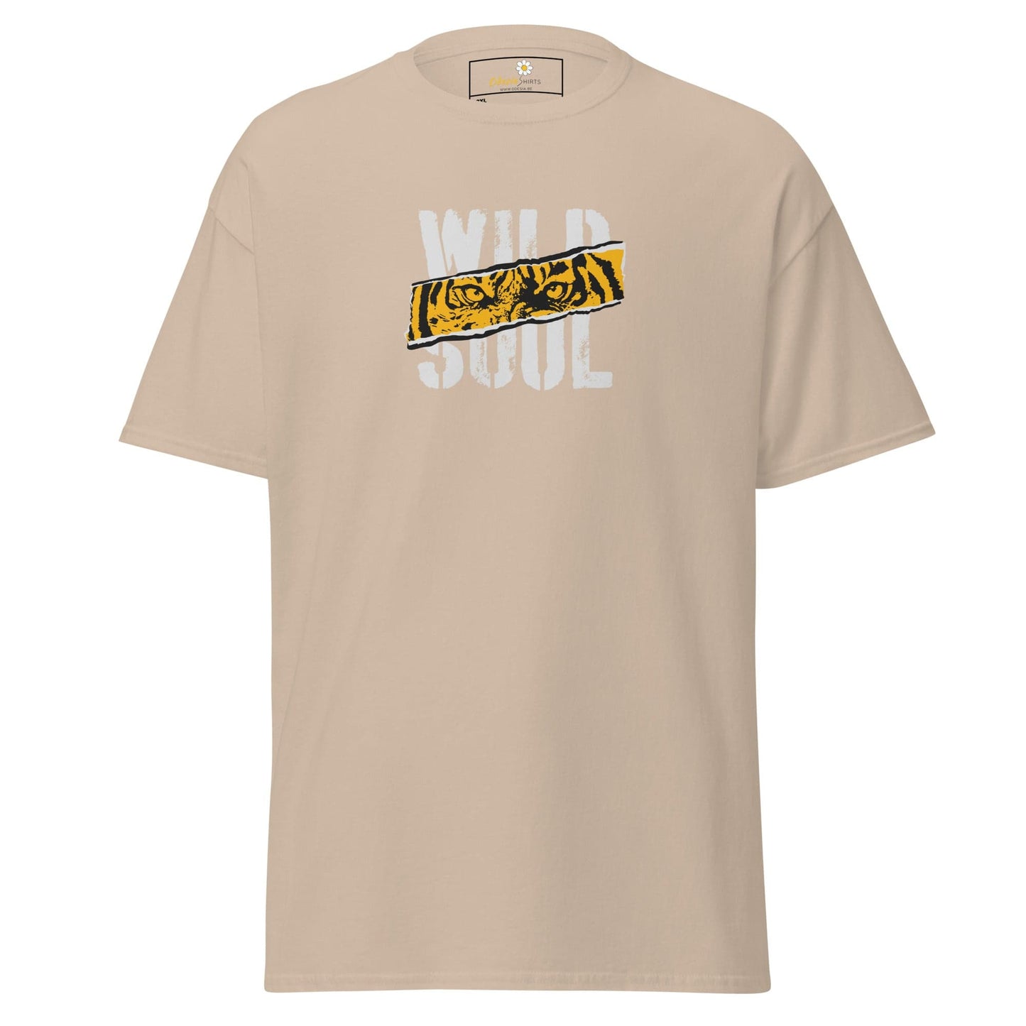 Beige t-shirt with tiger eyes graphic.
