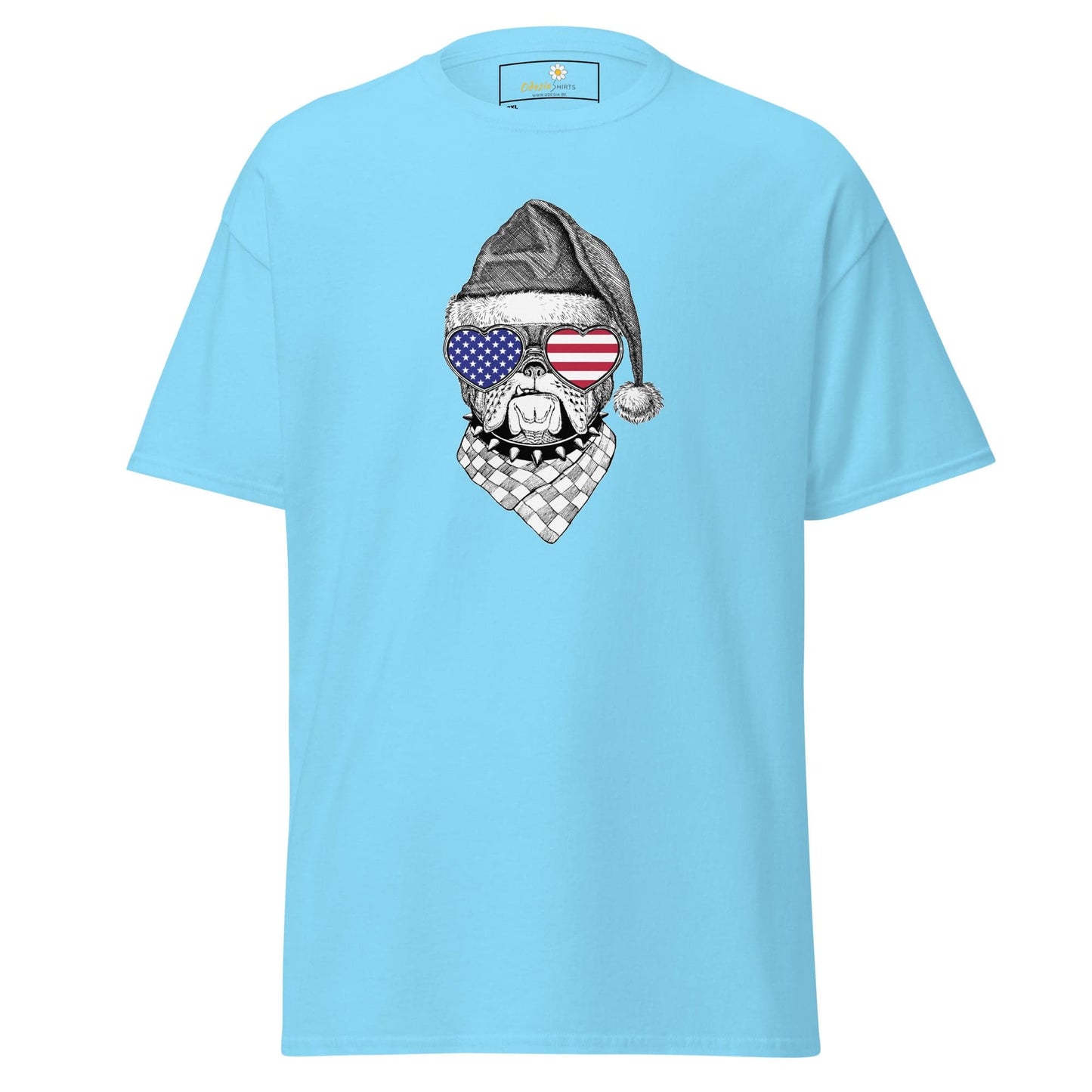Light blue T-shirt featuring a dog graphic for men and women in multiple sizes