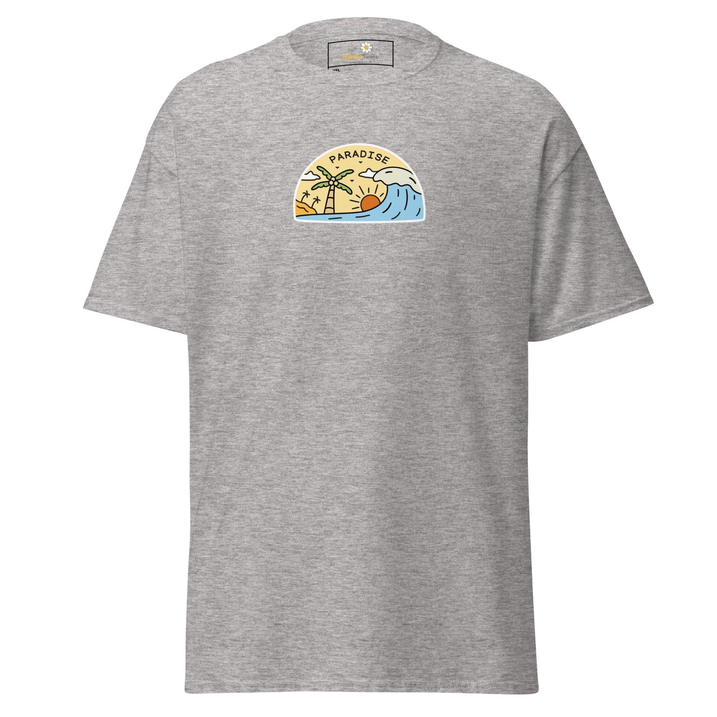 Gray t-shirt with beach scene.