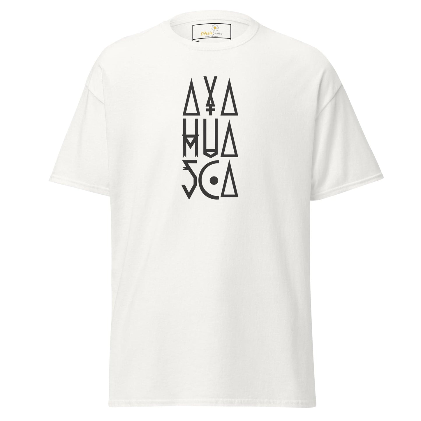 White t-shirt with geometric design.